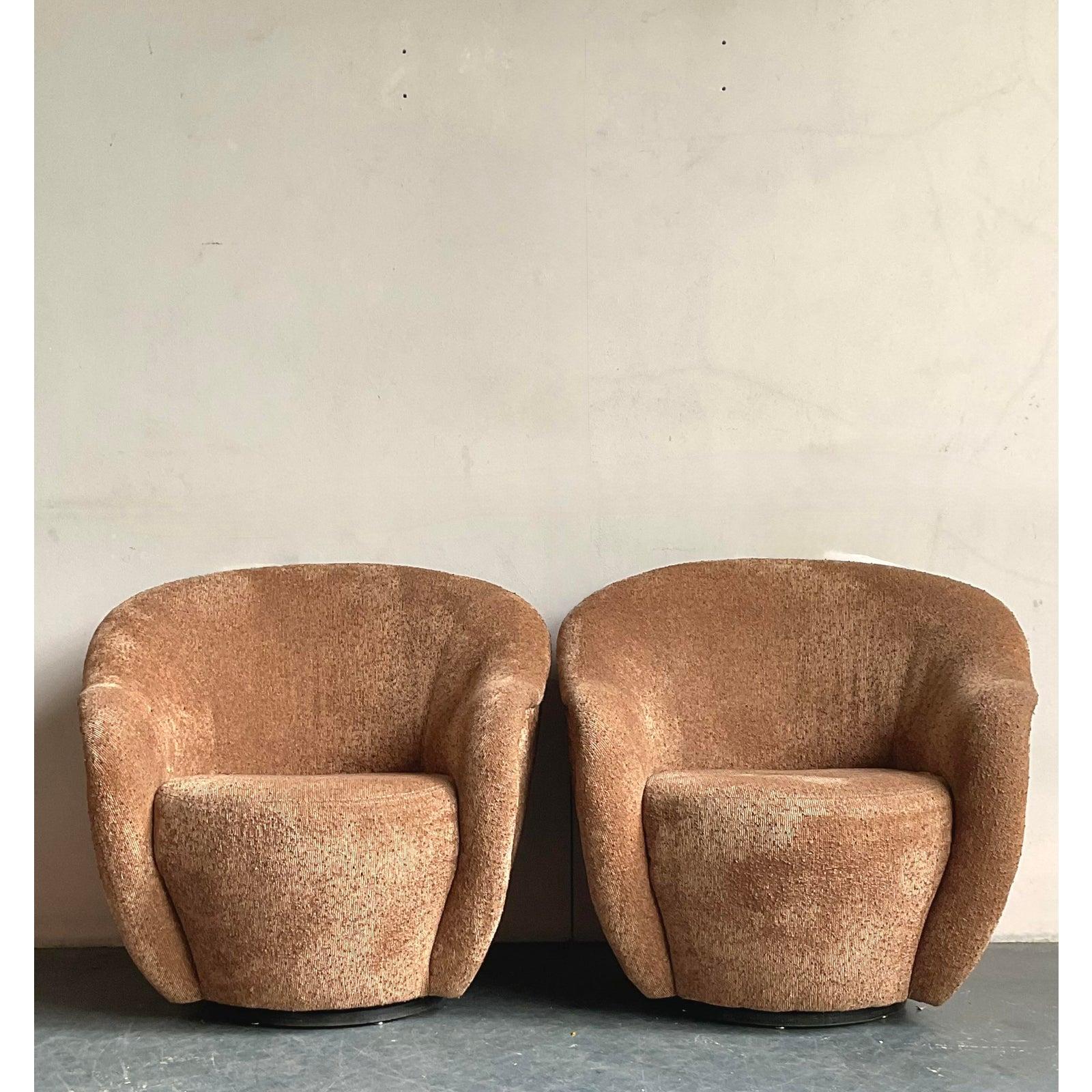 Organic Modern Vintage Boho Thomas Roderick Slubbed Boucle Biomorphic Swivel Chairs - A Pair For Sale