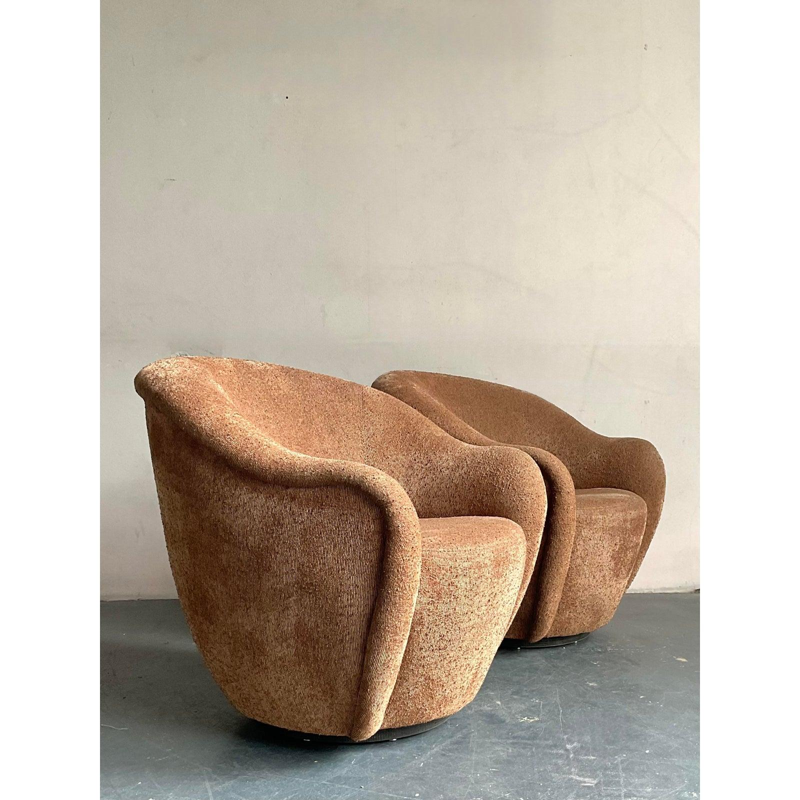 American Vintage Boho Thomas Roderick Slubbed Boucle Biomorphic Swivel Chairs - A Pair For Sale