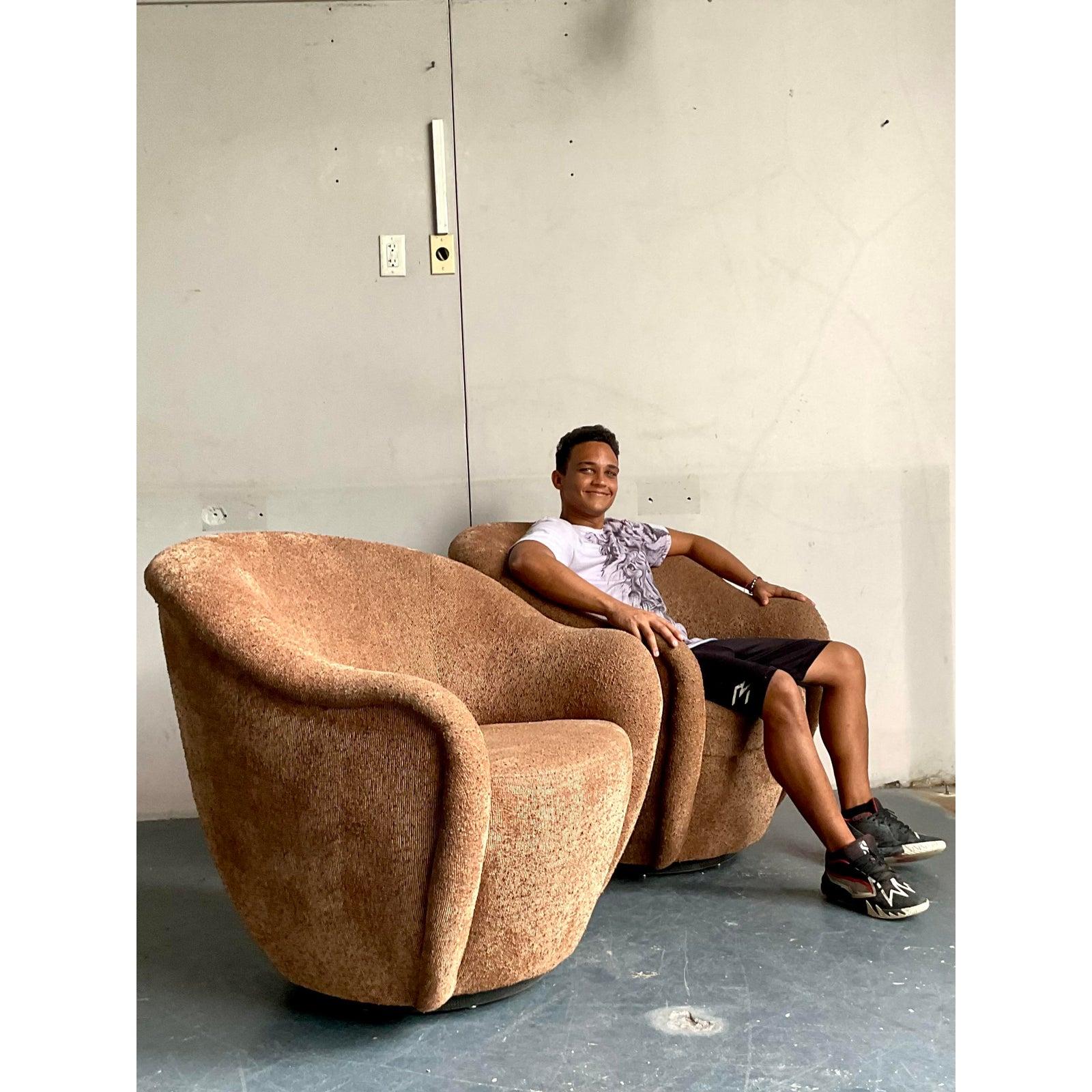 20th Century Vintage Boho Thomas Roderick Slubbed Boucle Biomorphic Swivel Chairs - A Pair For Sale