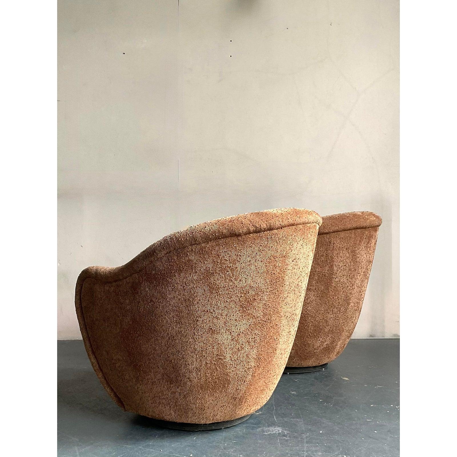 Metal Vintage Boho Thomas Roderick Slubbed Boucle Biomorphic Swivel Chairs - A Pair For Sale
