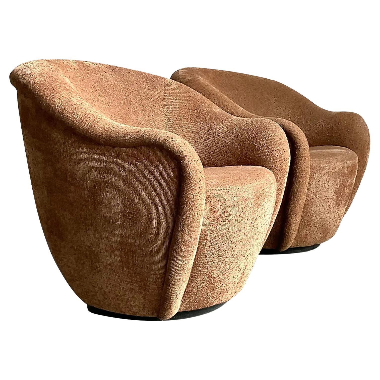 Vintage Boho Thomas Roderick Slubbed Boucle Biomorphic Swivel Chairs - A Pair For Sale