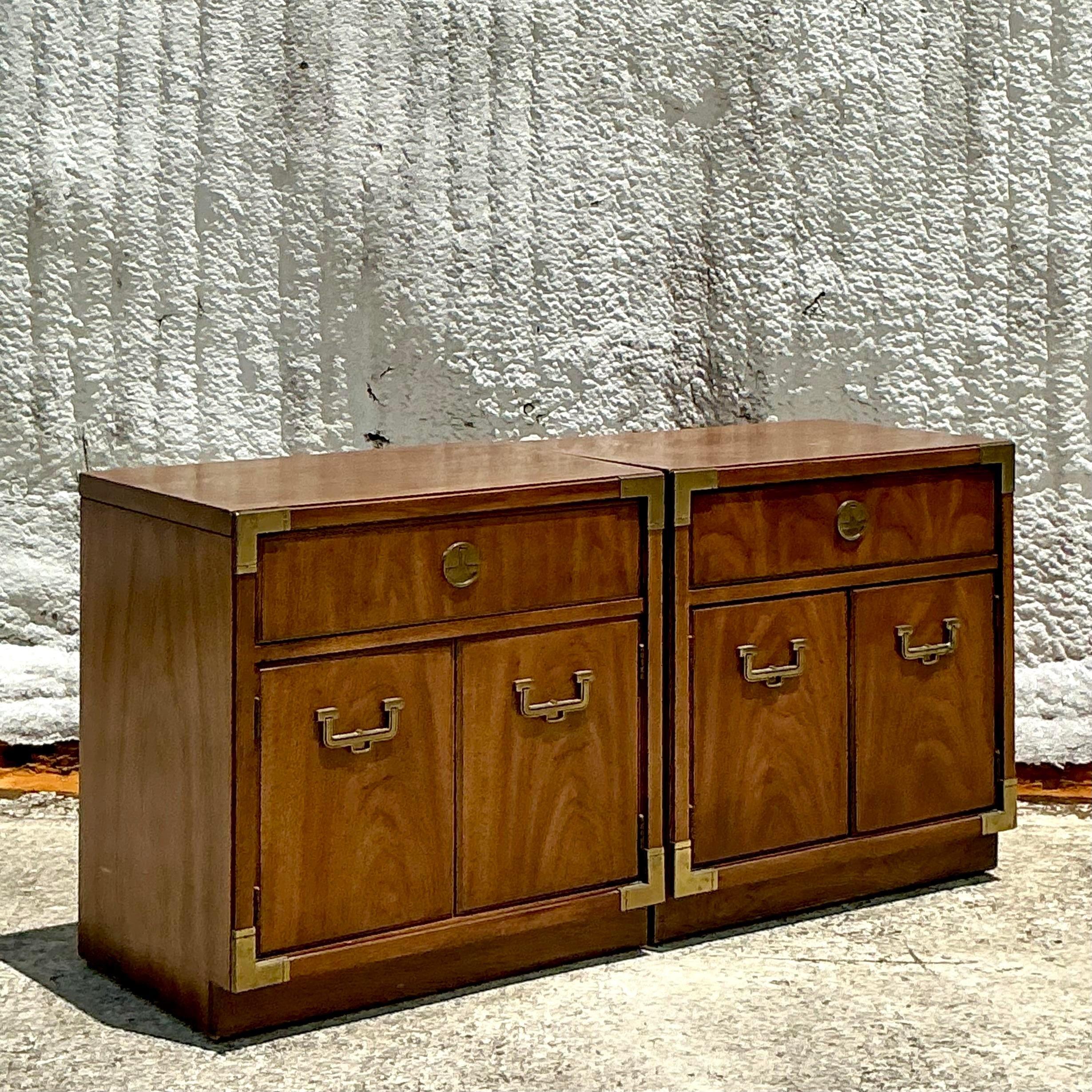 Vintage Boho Thomasville Campaign Nightstands - a Pair In Good Condition For Sale In west palm beach, FL