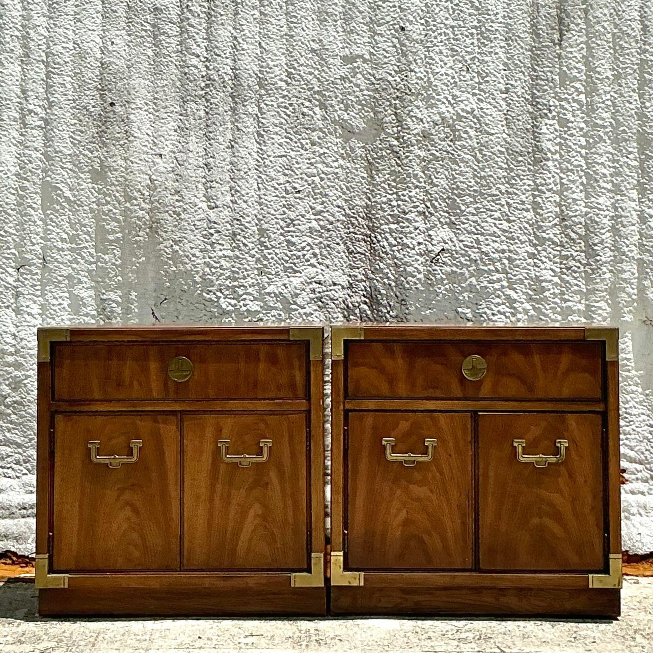 Metal Vintage Boho Thomasville Campaign Nightstands - a Pair For Sale