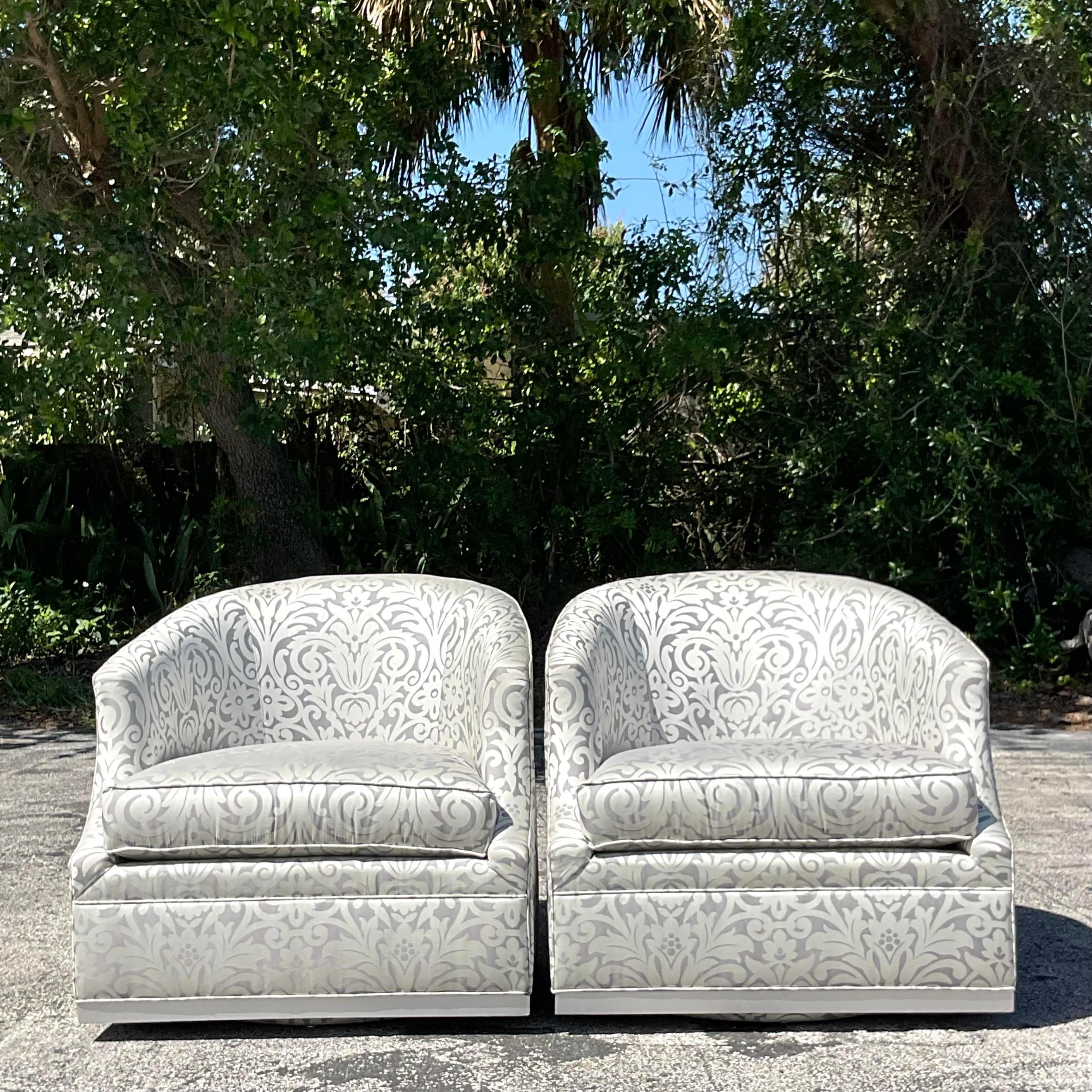 North American Vintage Boho Thomasville Metallic Jacquard Swivel Chairs For Sale