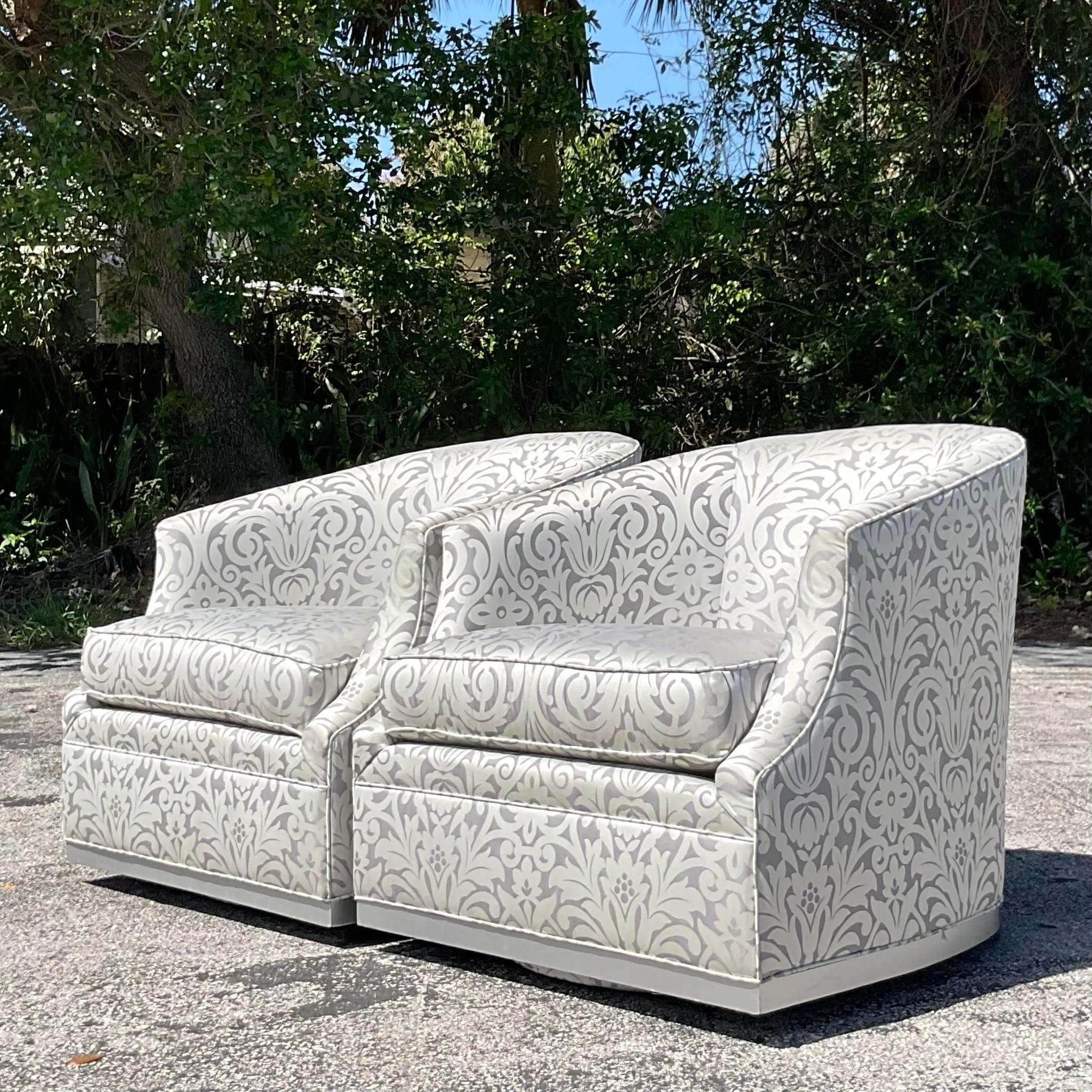 Vintage Boho Thomasville Metallic Jacquard Swivel Chairs In Good Condition For Sale In west palm beach, FL