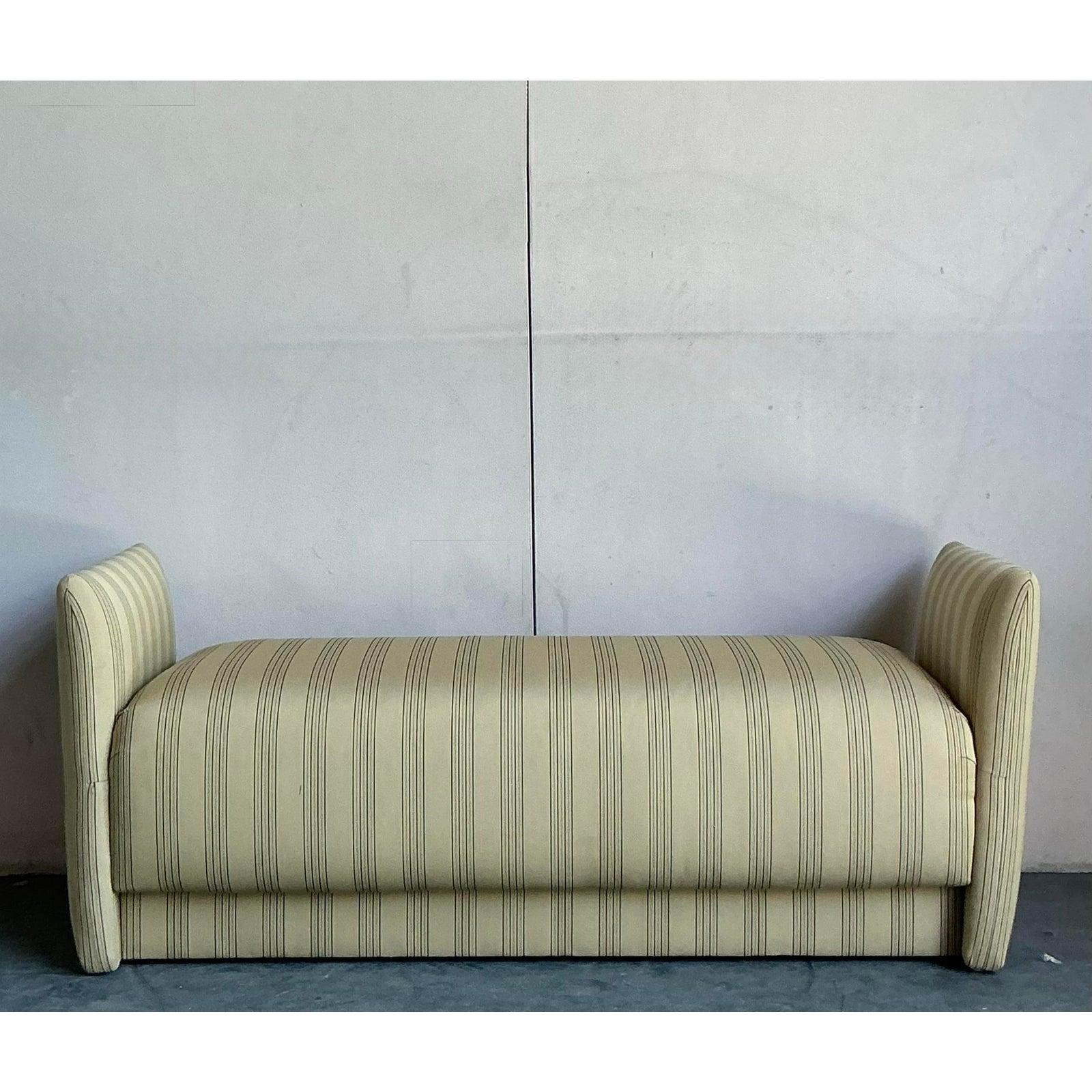 Vintage Boho Ticking Stripe Upholstered Bench For Sale 4