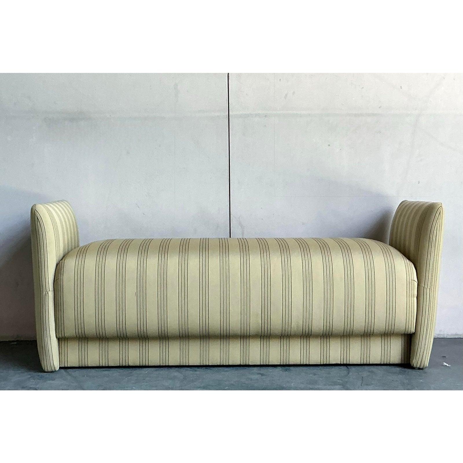 Vintage Boho Ticking Stripe Upholstered Bench For Sale 5