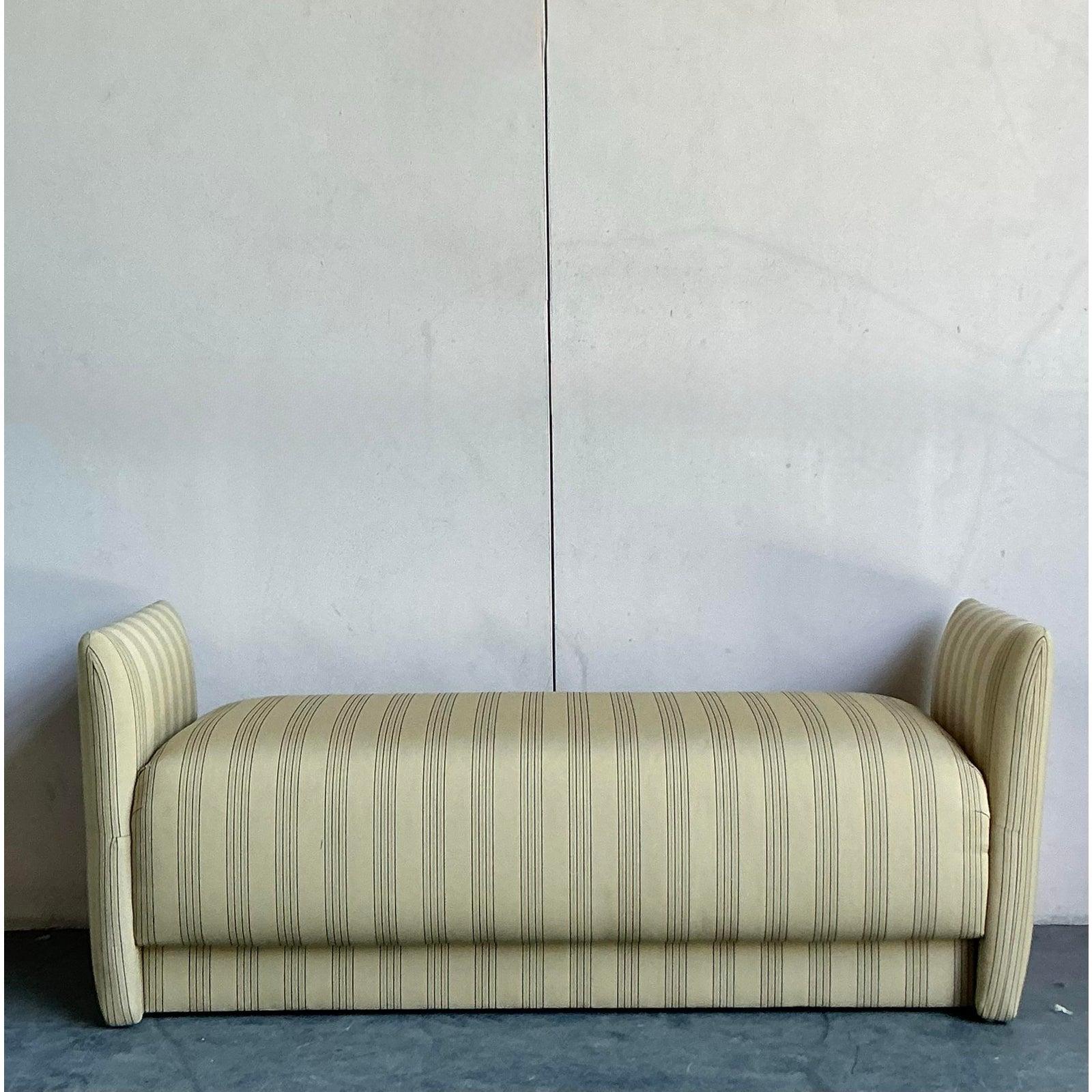 American Vintage Boho Ticking Stripe Upholstered Bench For Sale