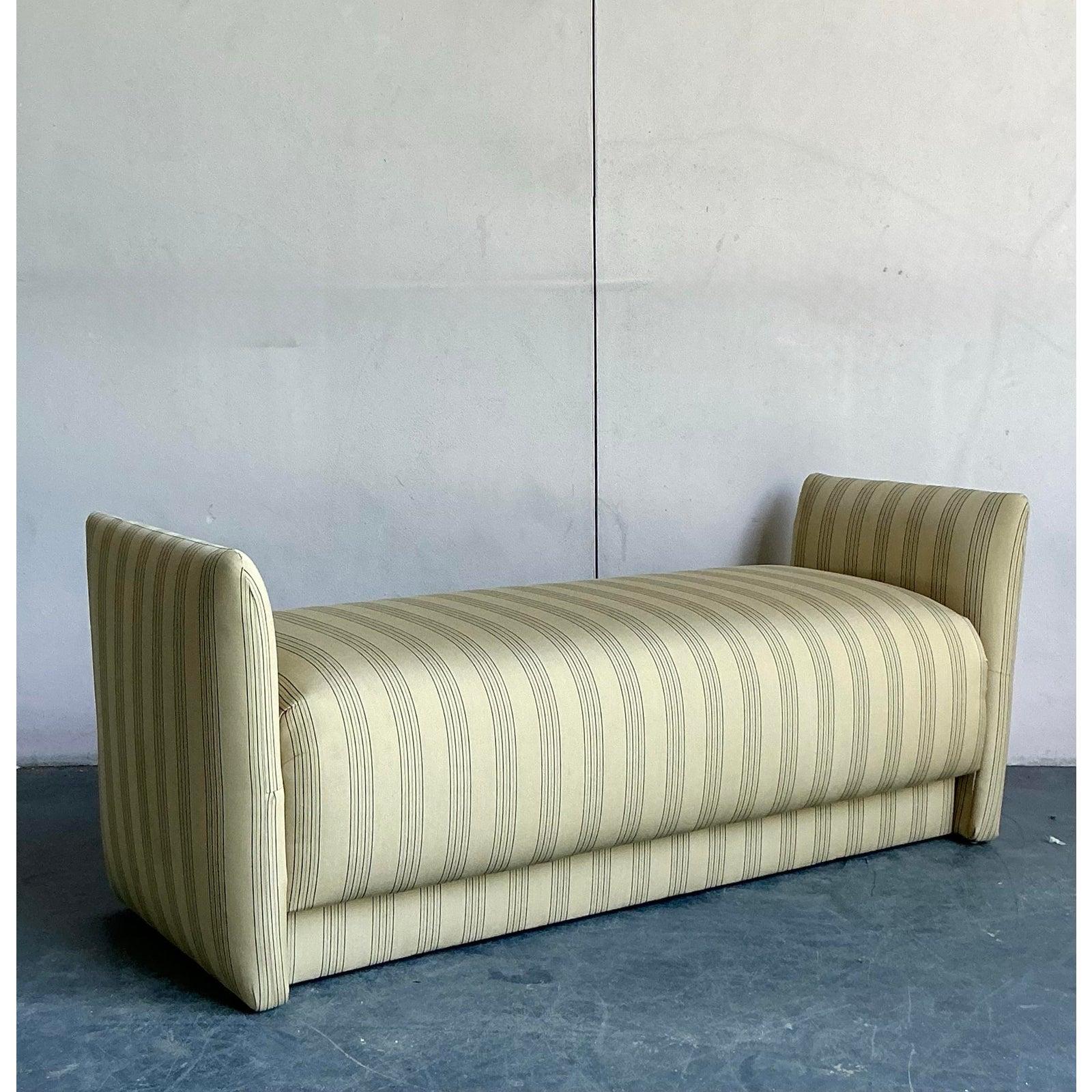 Vintage Boho Ticking Stripe Upholstered Bench In Good Condition For Sale In West Palm Beach, FL