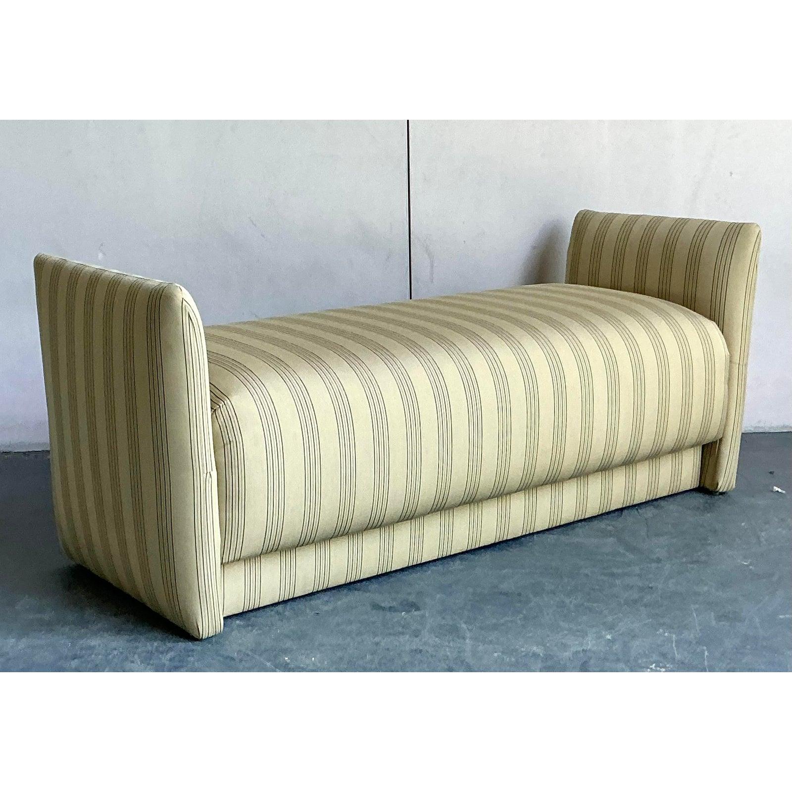 Fabric Vintage Boho Ticking Stripe Upholstered Bench For Sale