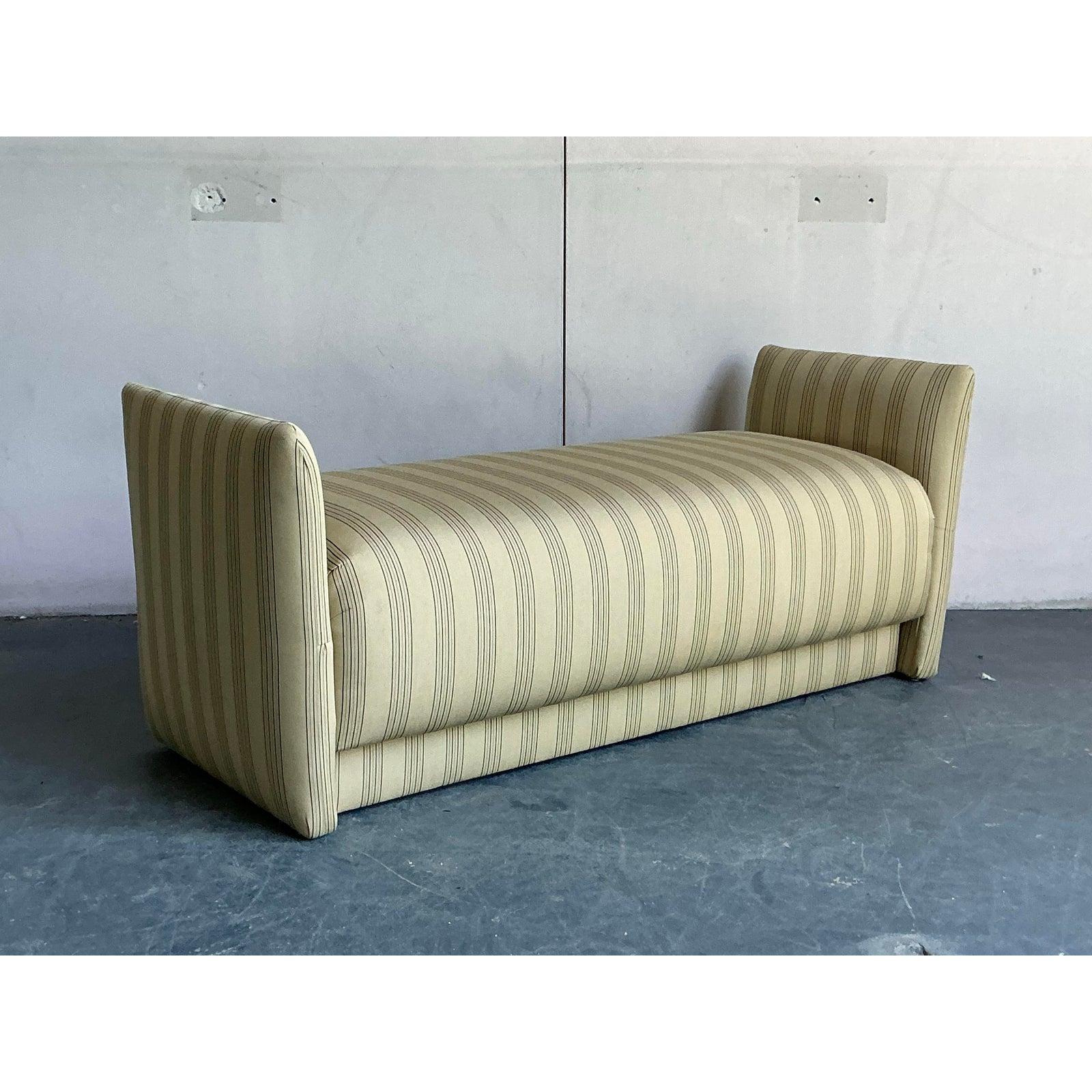 Vintage Boho Ticking Stripe Upholstered Bench For Sale 2