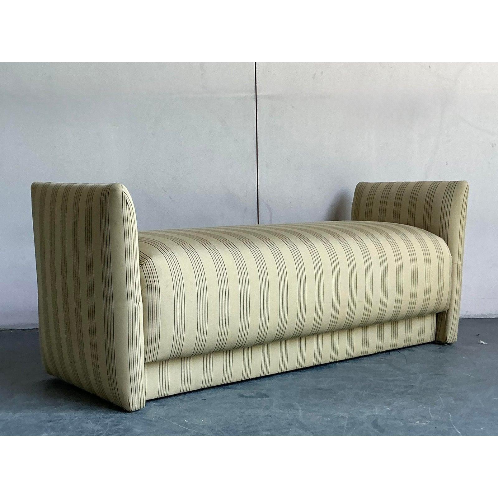 Vintage Boho Ticking Stripe Upholstered Bench For Sale 3