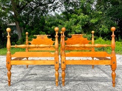 Vintage Boho Tiger Maple Four Poster Twin Beds - a Pair