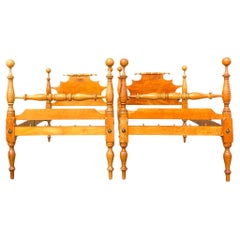 Vintage Boho Tiger Maple Four Poster Twin Beds - a Pair