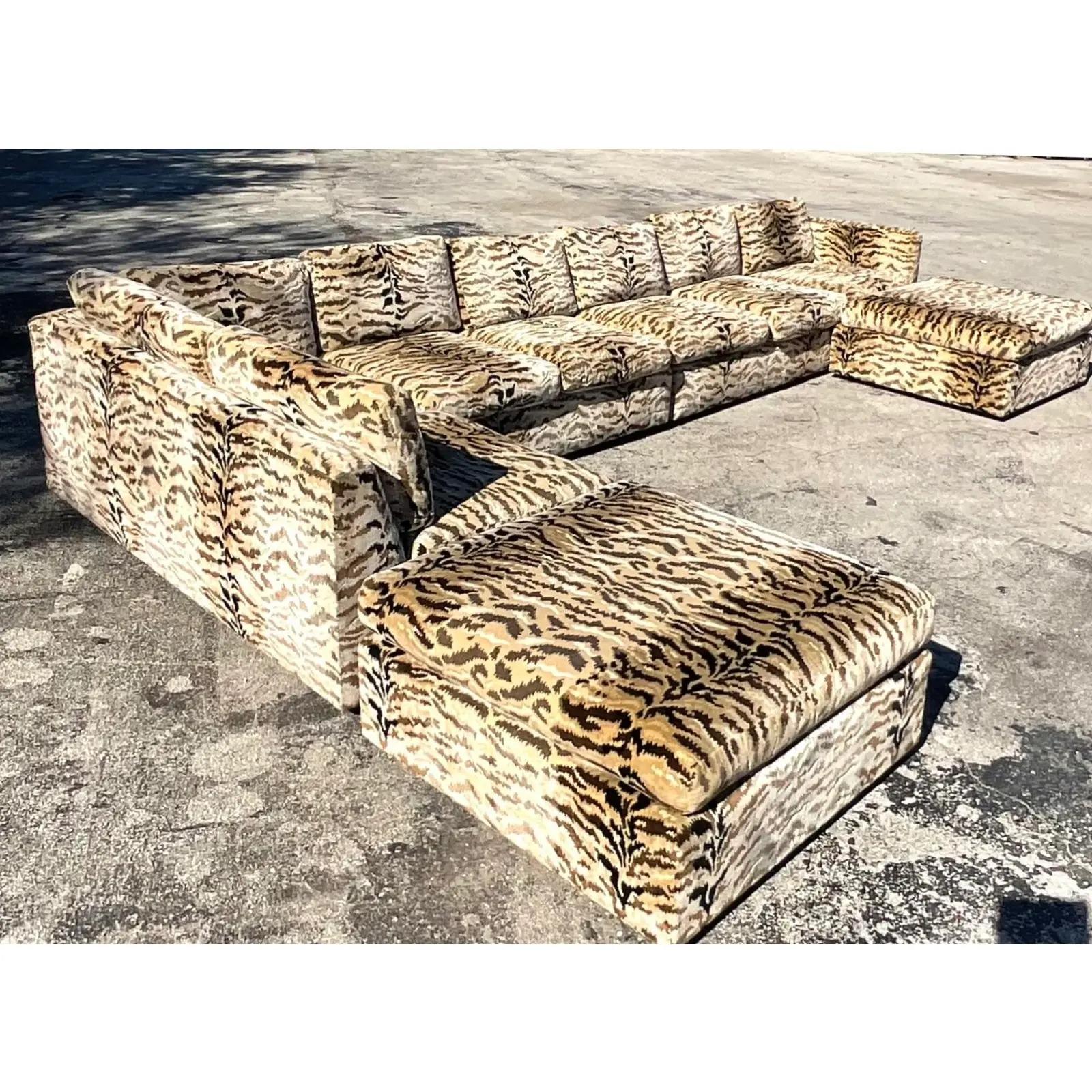 North American Vintage Boho Tiger Stripe Sectional Sofa