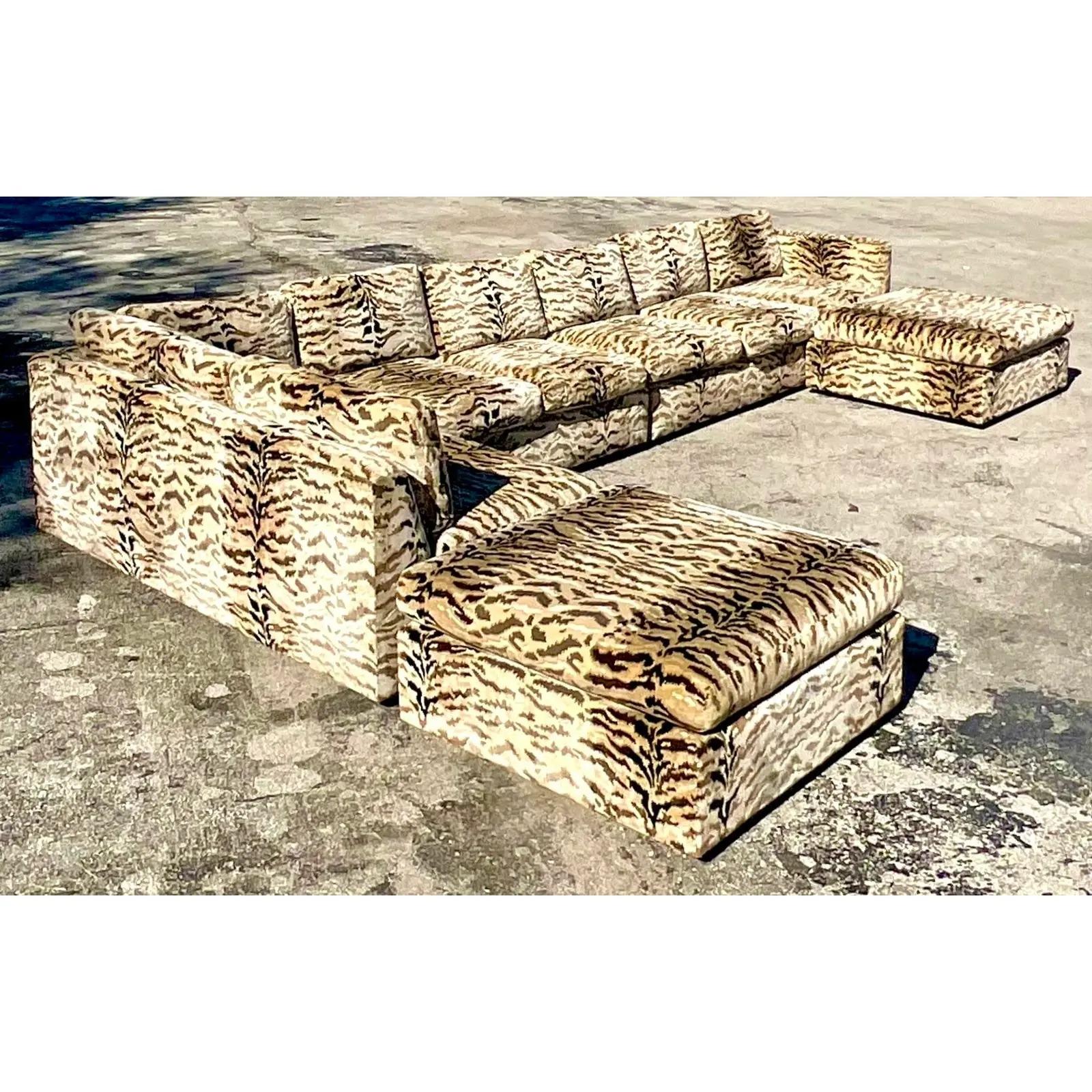 Vintage Boho Tiger Stripe Sectional Sofa In Good Condition In west palm beach, FL