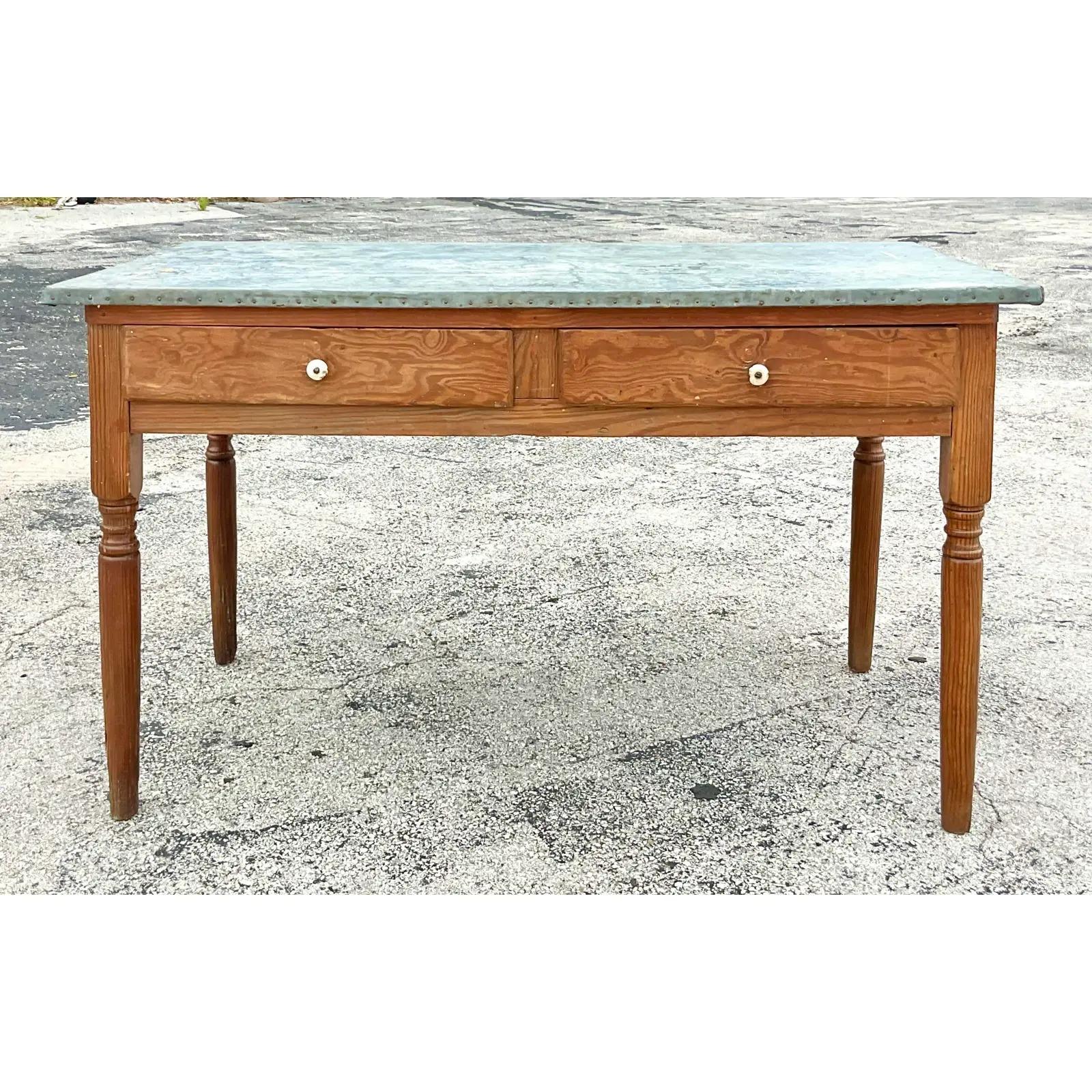 Vintage Boho Tin Wrapped Table In Good Condition For Sale In west palm beach, FL