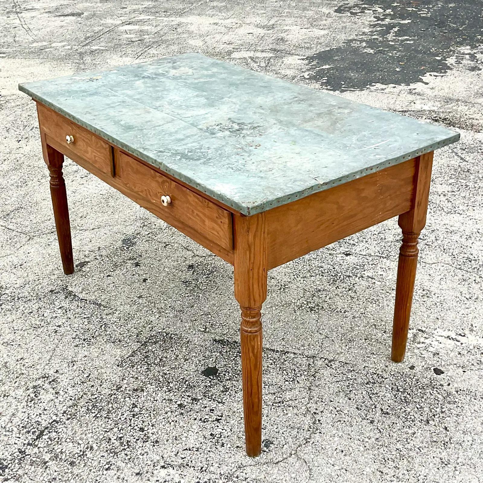 20th Century Vintage Boho Tin Wrapped Table For Sale