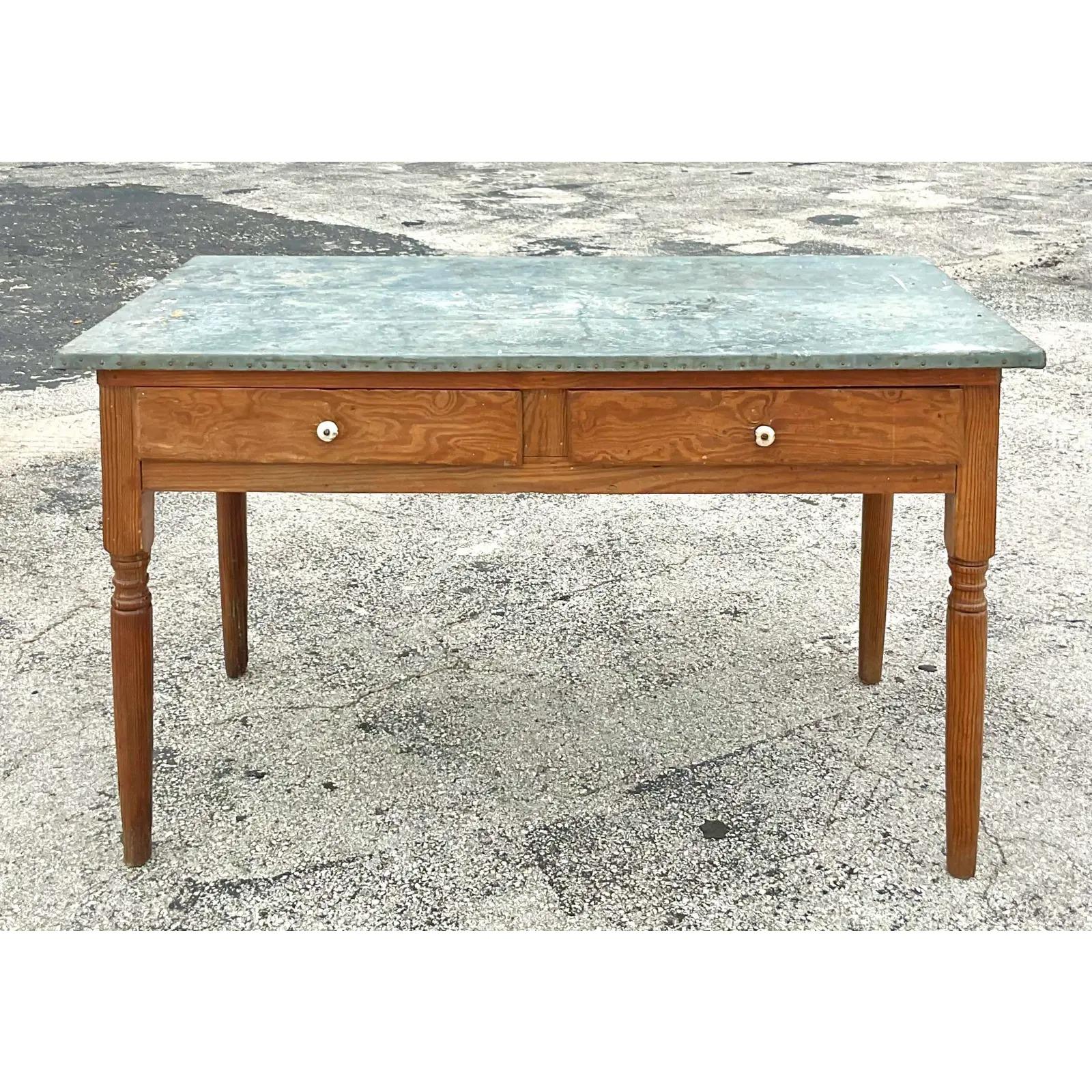 Vintage Boho Tin Wrapped Table For Sale 1