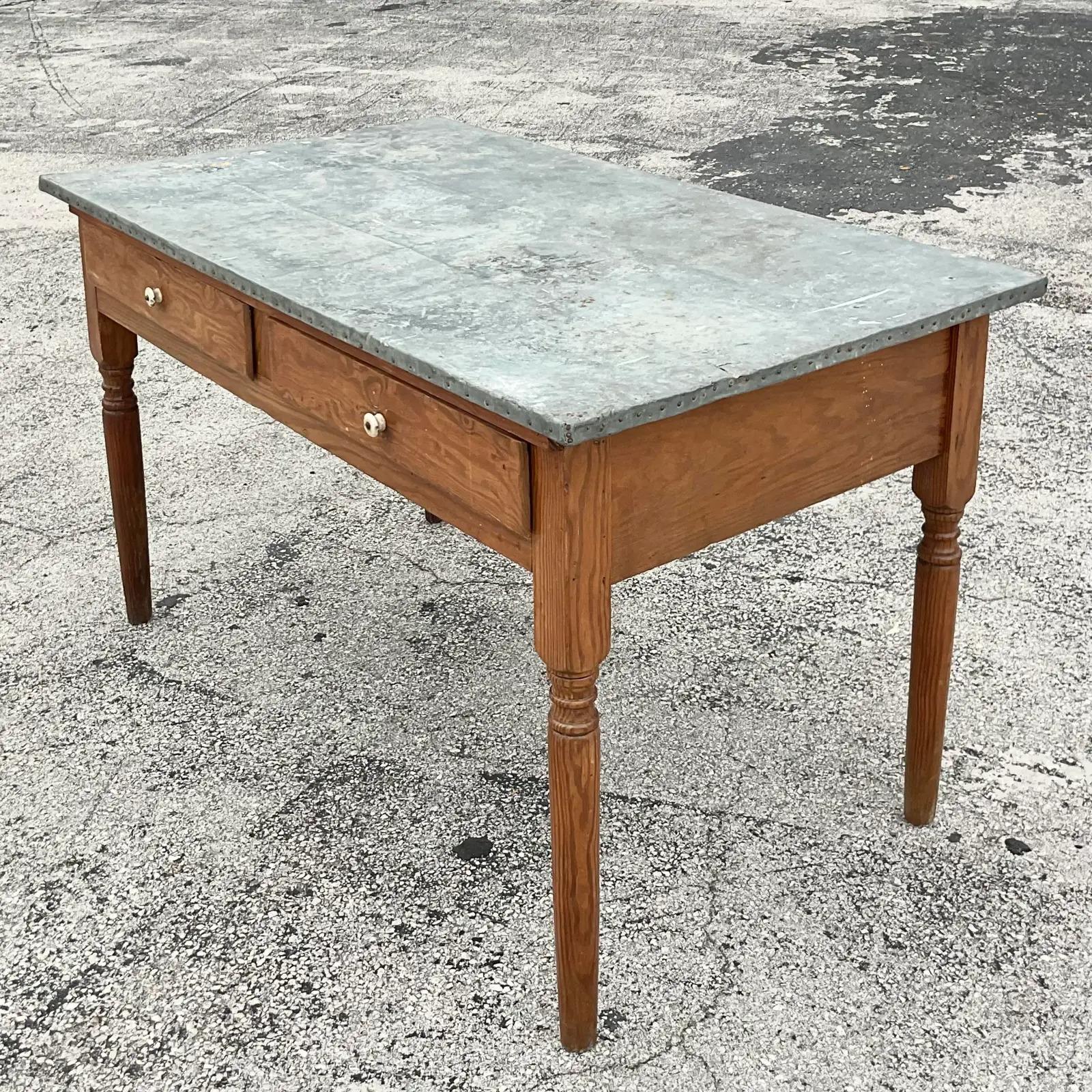 Vintage Boho Tin Wrapped Table For Sale 2