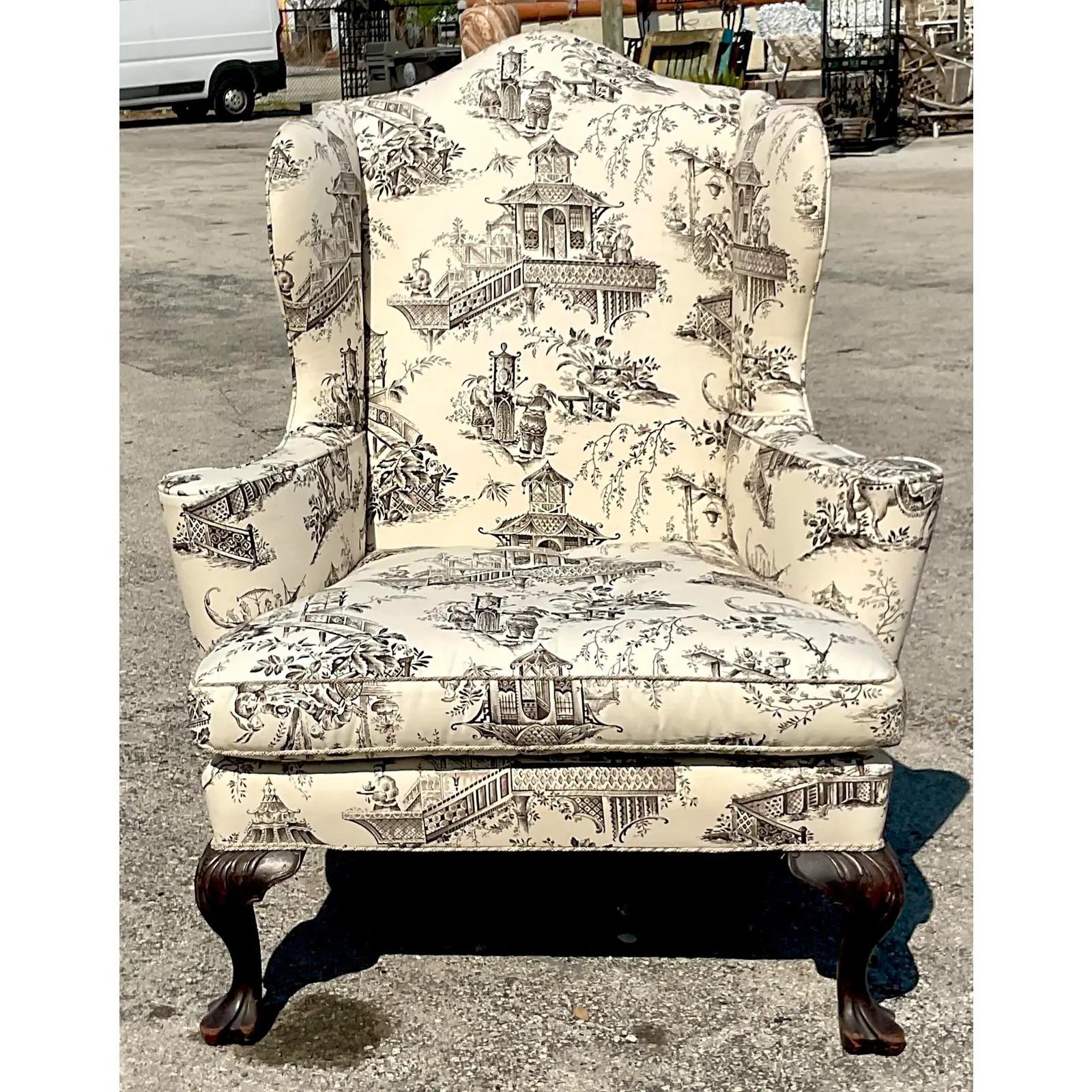 Vintage Boho Toile Print Wingback Chair In Good Condition In west palm beach, FL