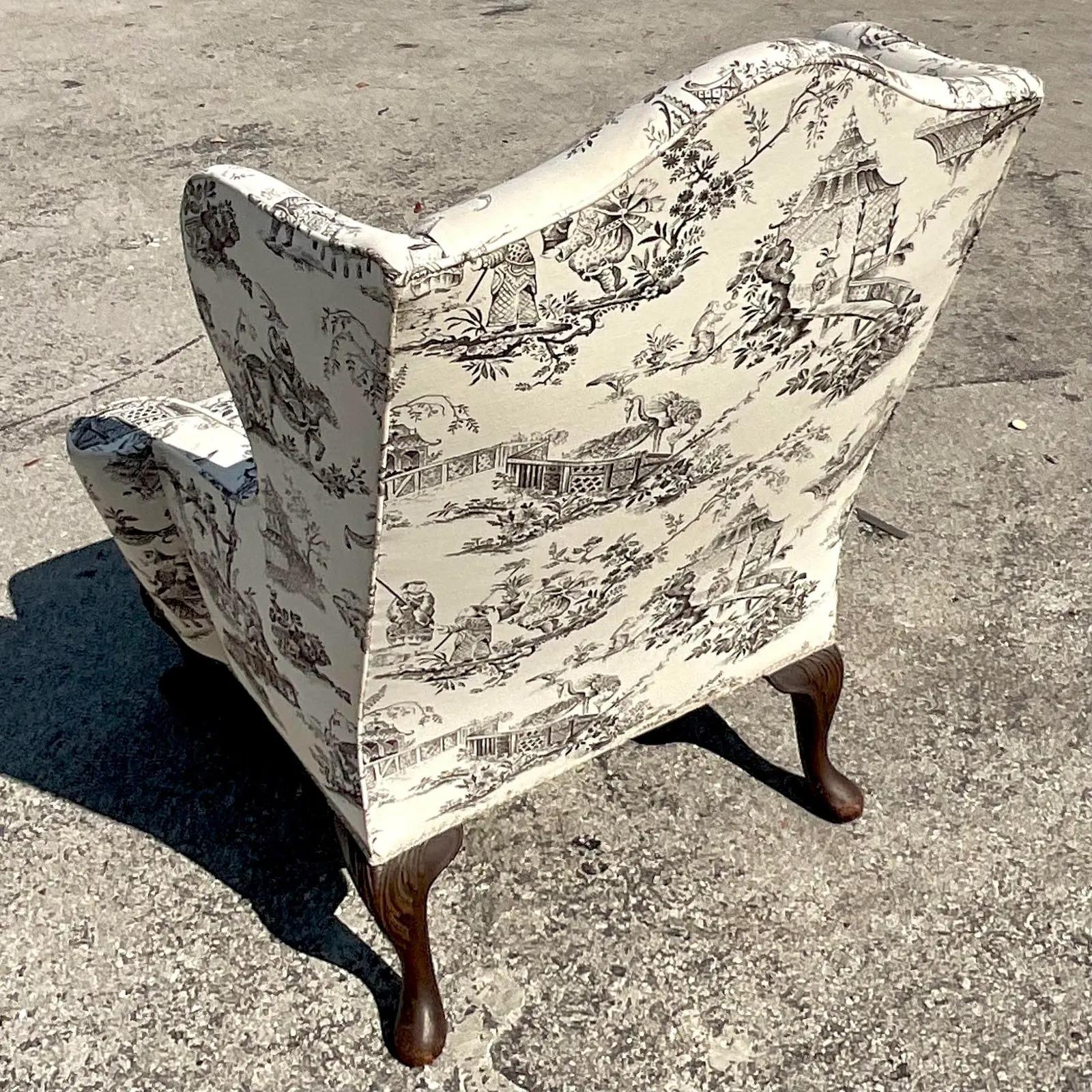 20th Century Vintage Boho Toile Print Wingback Chair