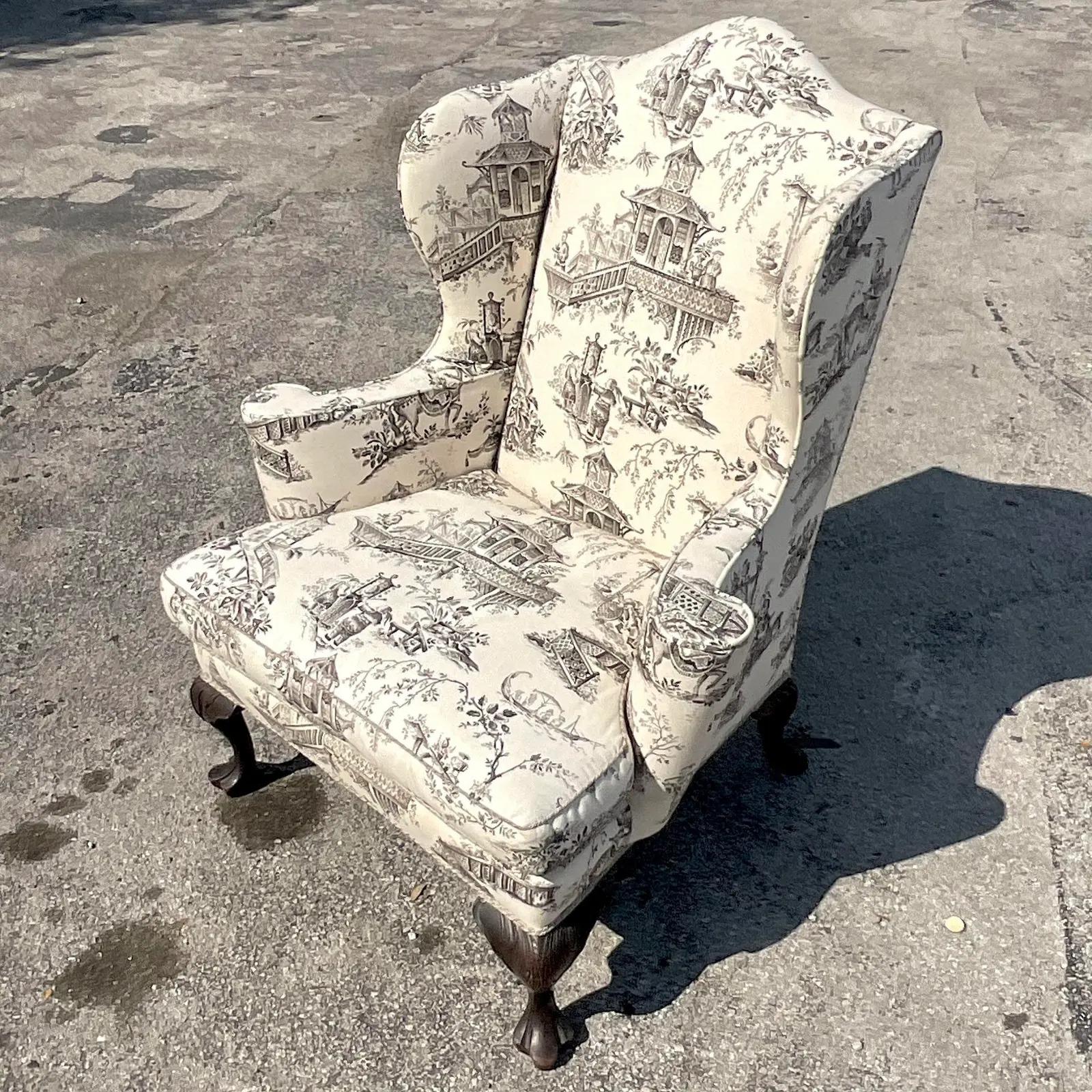 Vintage Boho Toile Print Wingback Chair 1