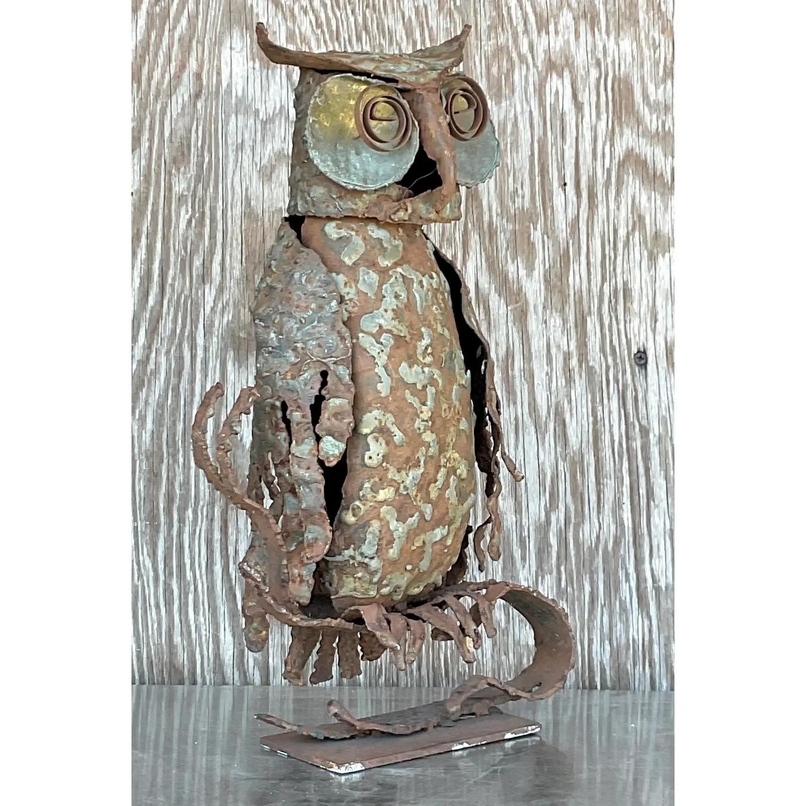 A fantastic vintage Boho sculpture. A chic little brutalist owl in torch cut metal. A mixed metal gem. Acquired from a Palm Beach estate.