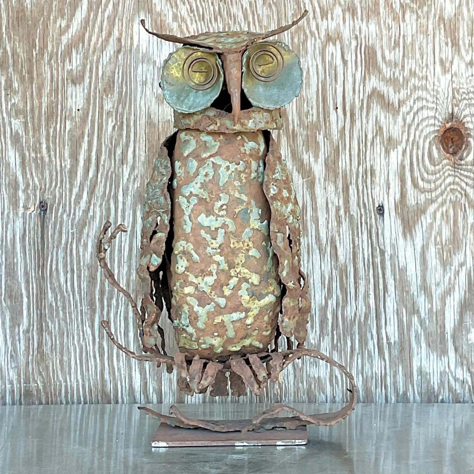 Brutalist  Vintage Boho Torch Cut Owl Sculpture For Sale