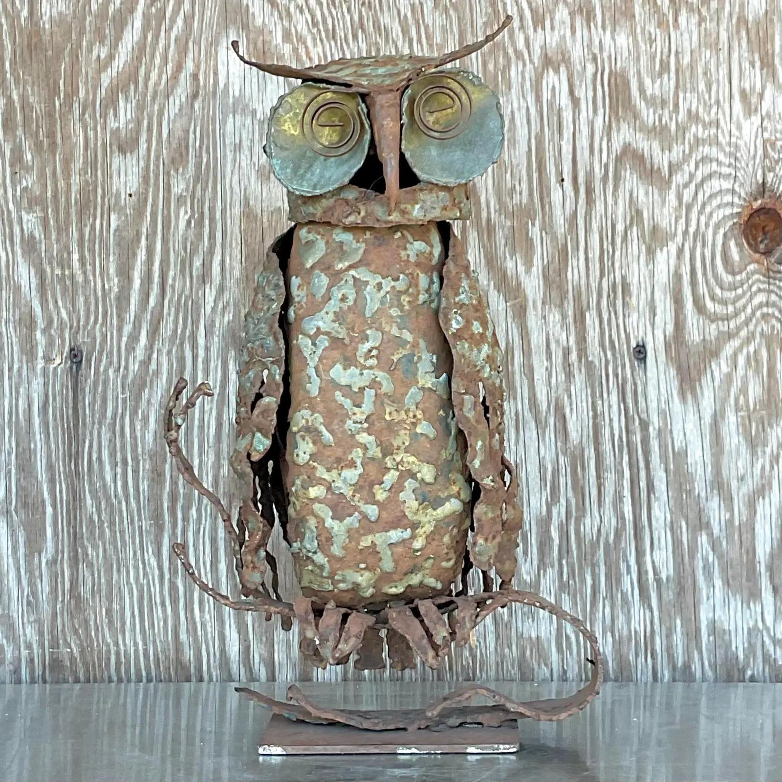 North American  Vintage Boho Torch Cut Owl Sculpture For Sale