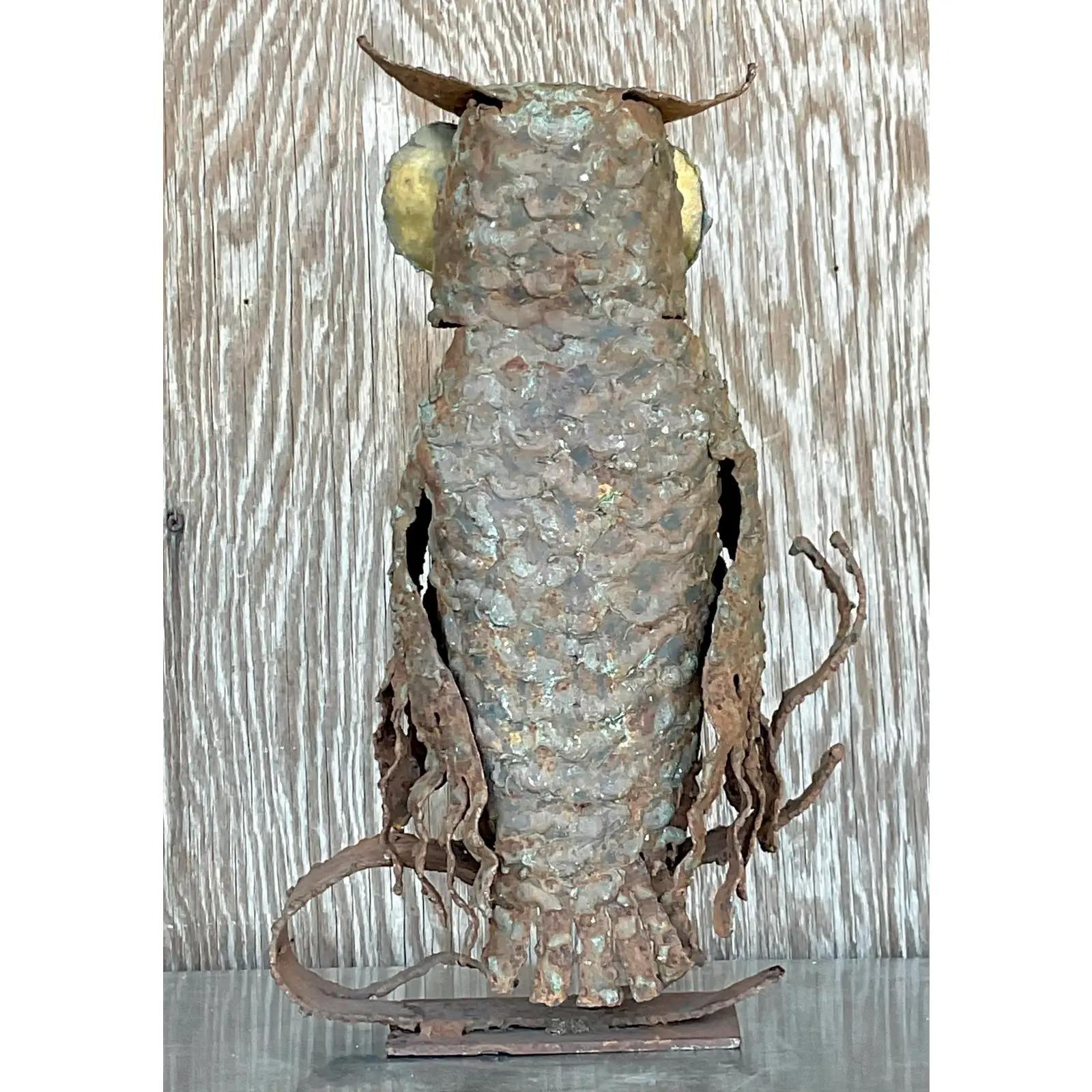  Vintage Boho Torch Cut Owl Sculpture In Good Condition For Sale In west palm beach, FL