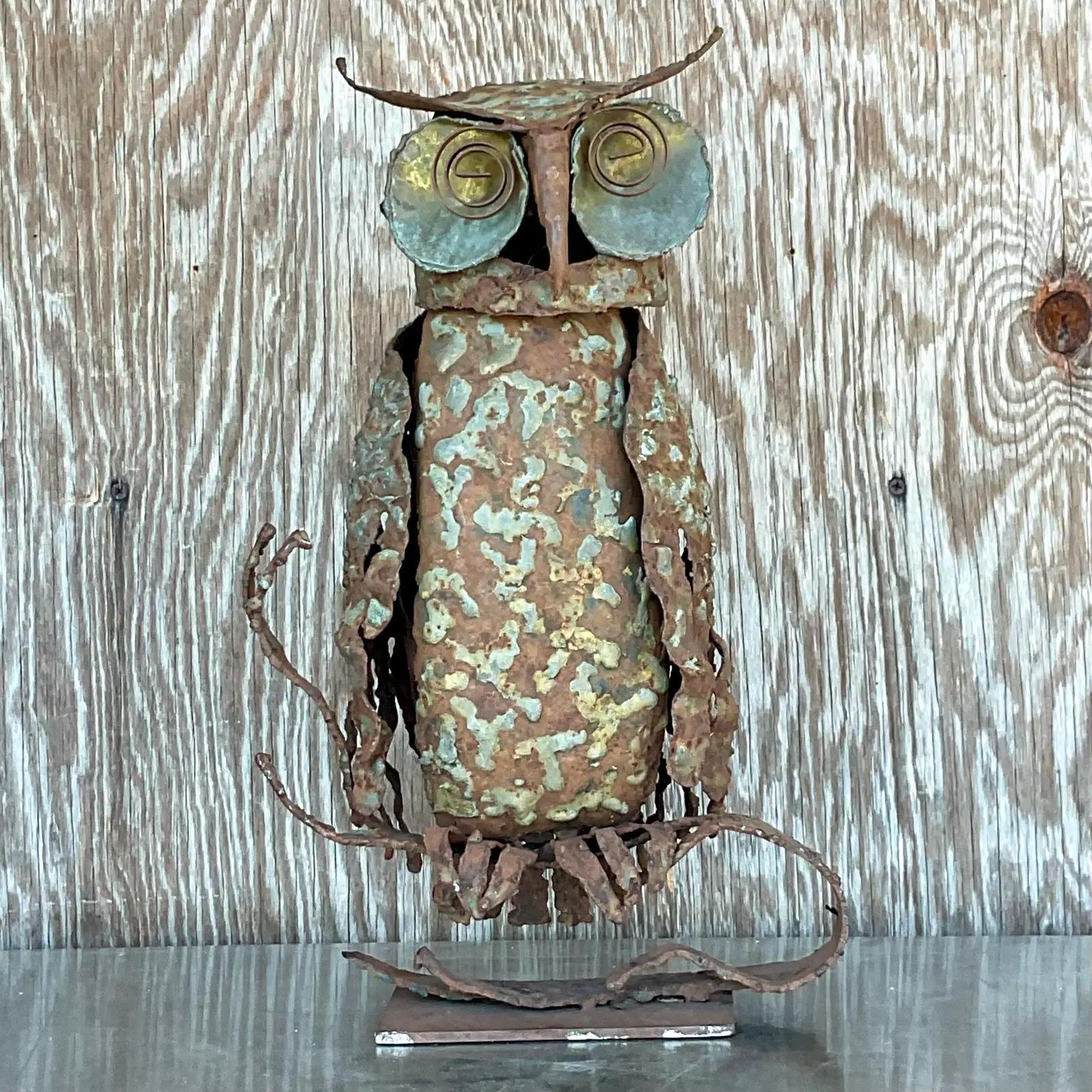 Metal  Vintage Boho Torch Cut Owl Sculpture For Sale