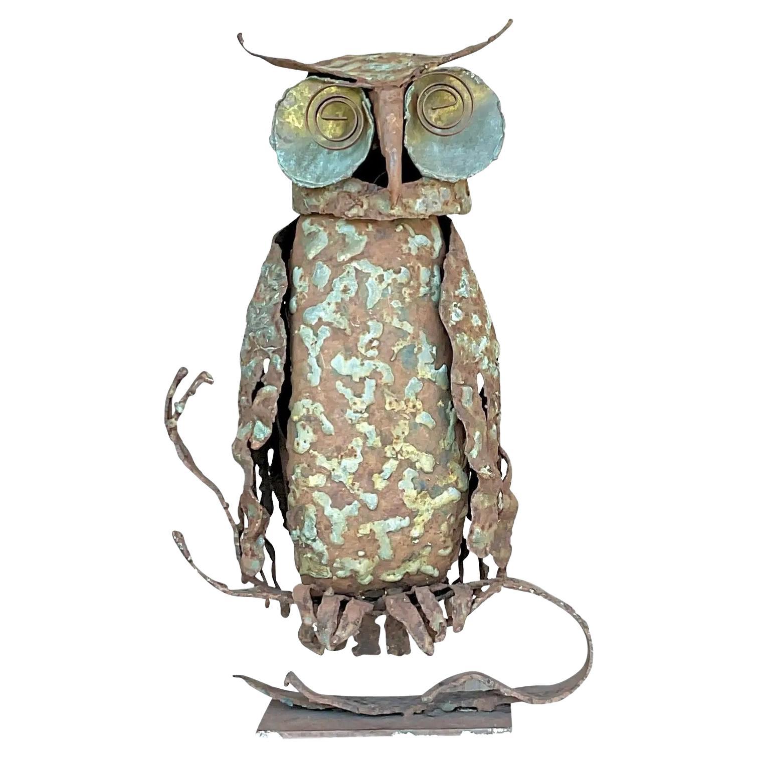  Vintage Boho Torch Cut Owl Sculpture For Sale