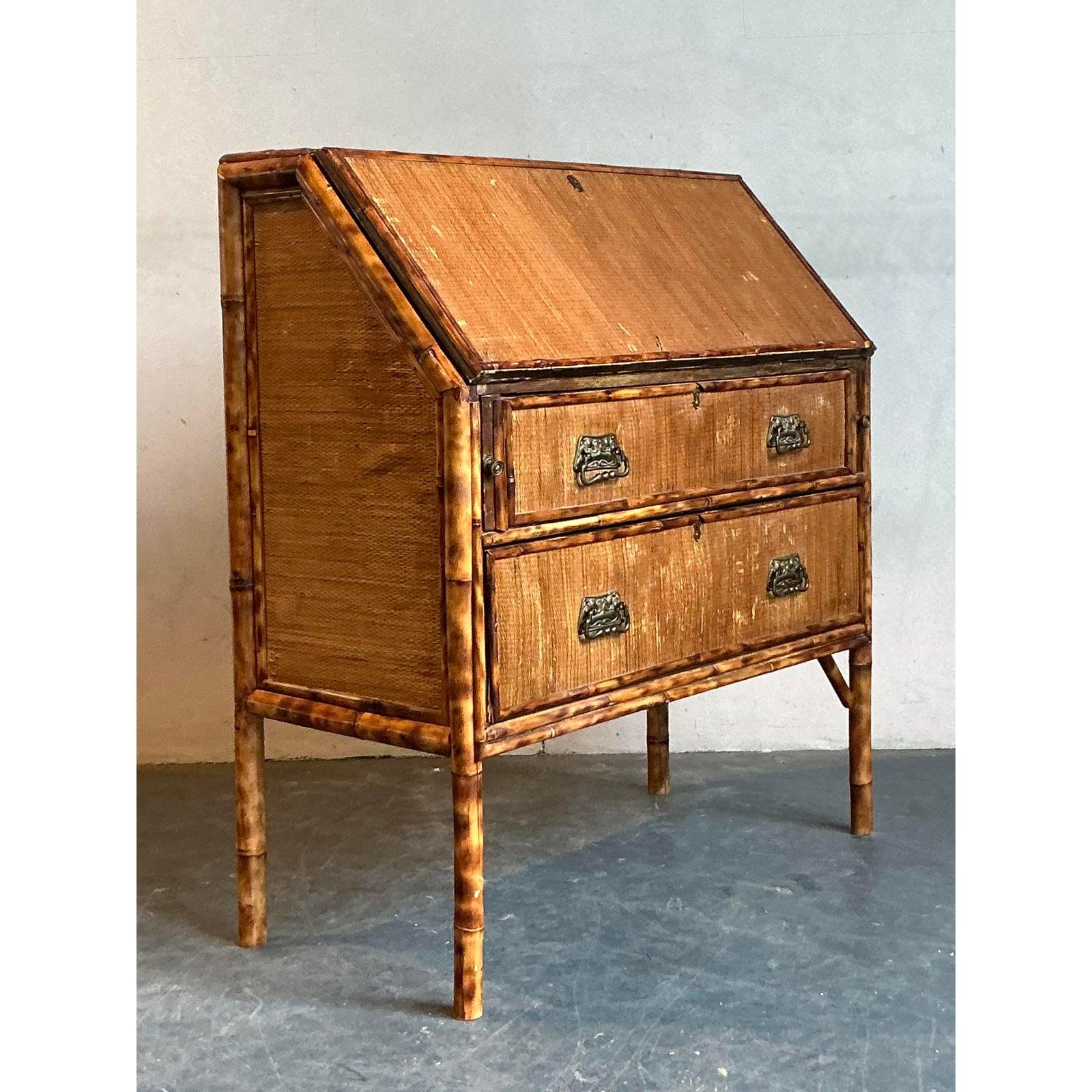 Vintage Boho Tortoise Bamboo Flip Down Secretary Desk For Sale 3