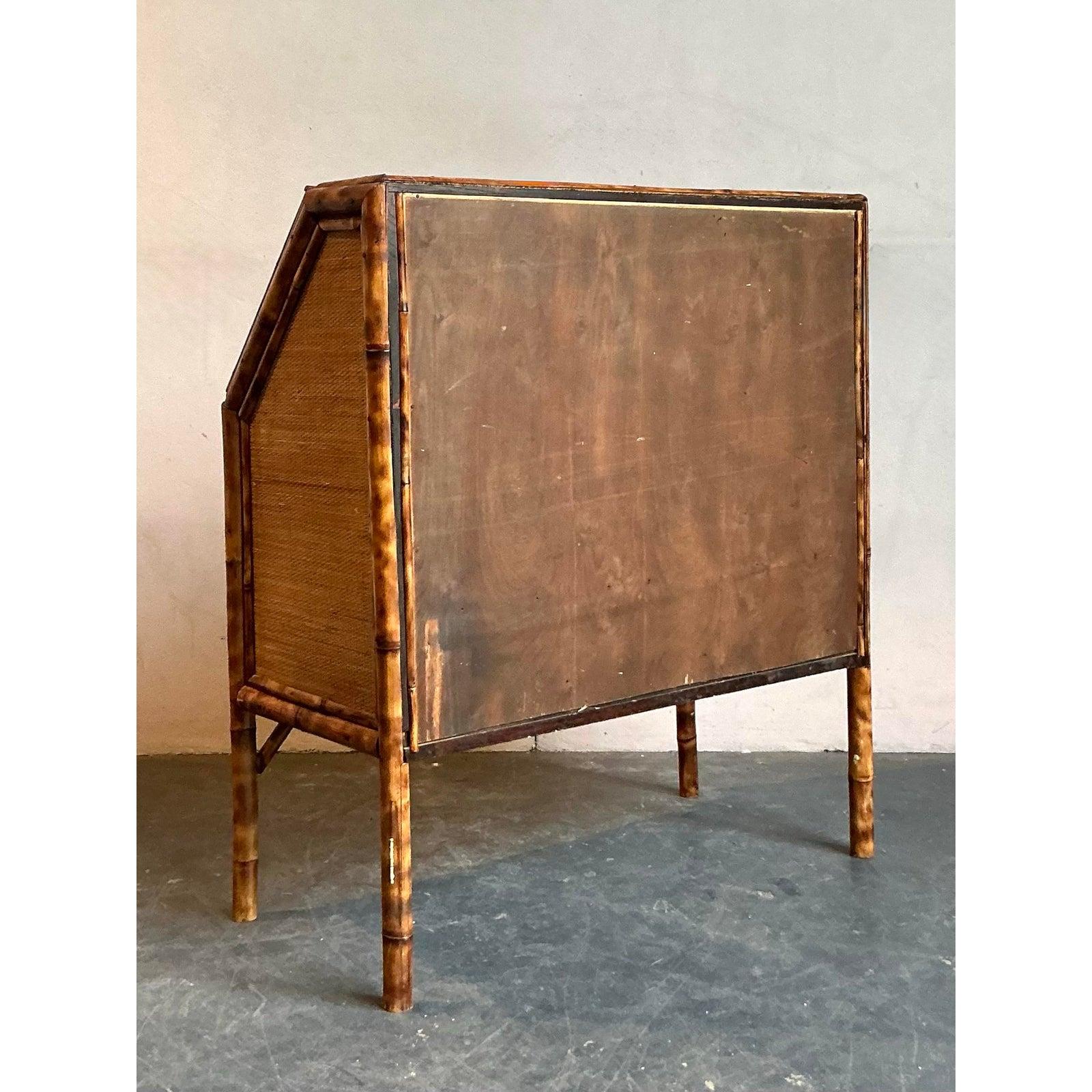 Hollywood Regency Vintage Boho Tortoise Bamboo Flip Down Secretary Desk For Sale