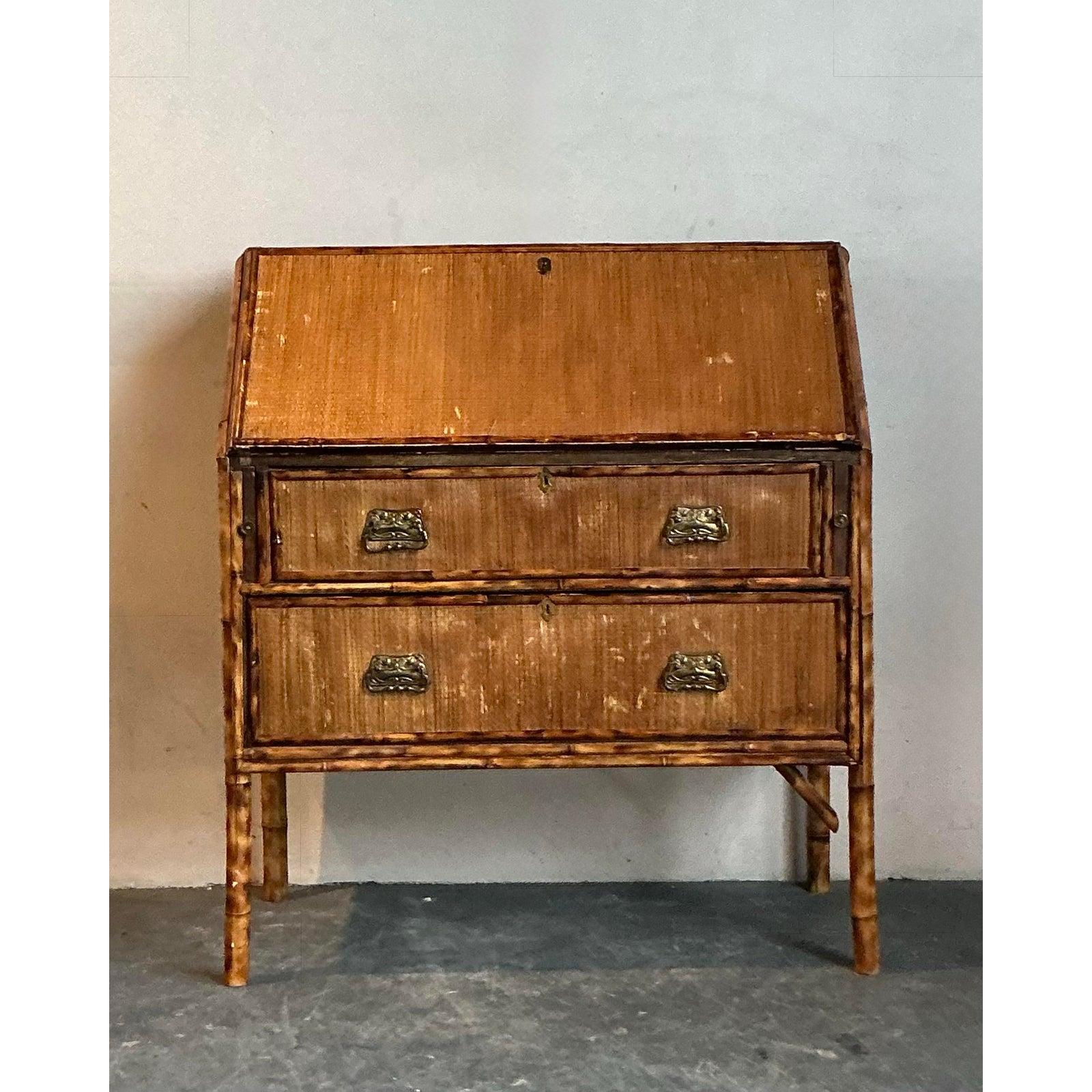 British Vintage Boho Tortoise Bamboo Flip Down Secretary Desk For Sale