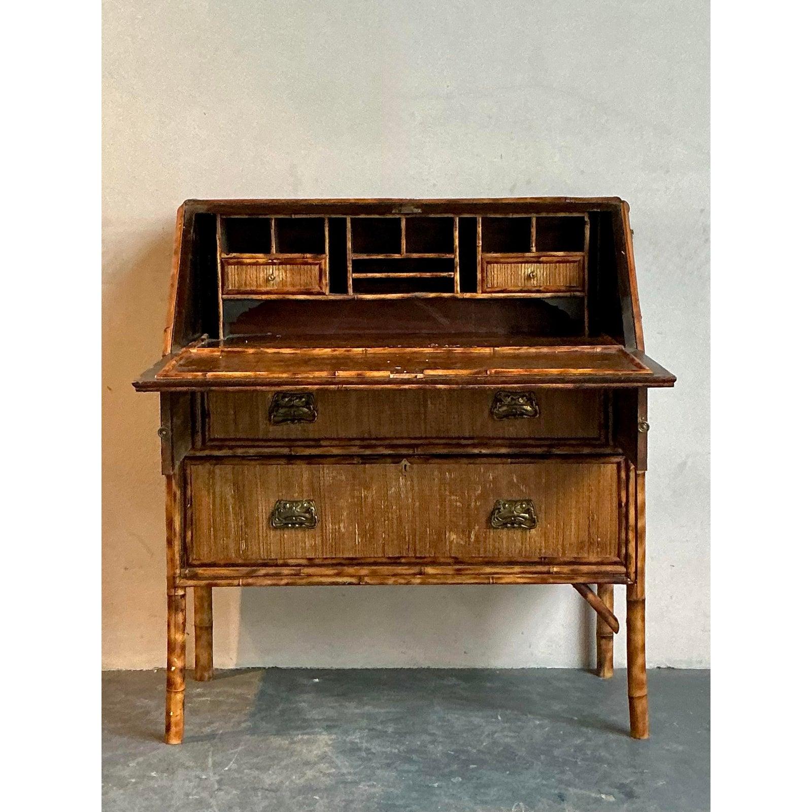 20th Century Vintage Boho Tortoise Bamboo Flip Down Secretary Desk For Sale