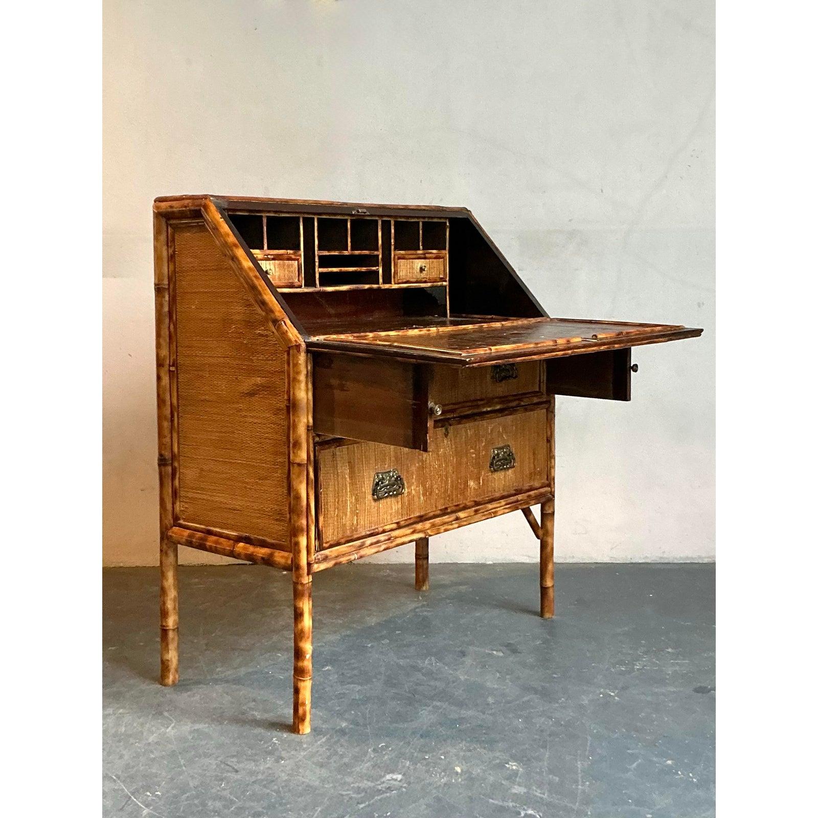 Brass Vintage Boho Tortoise Bamboo Flip Down Secretary Desk For Sale