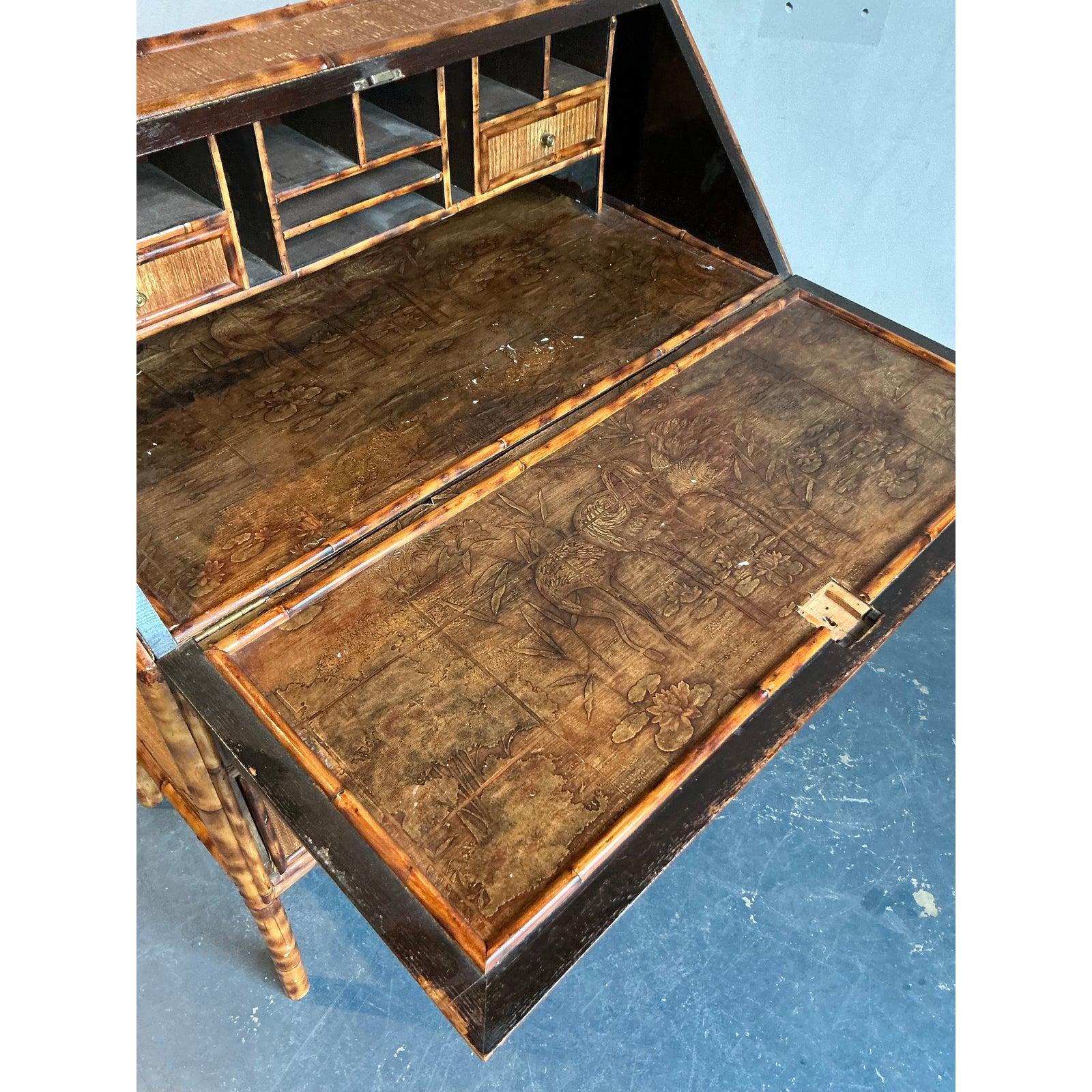 Vintage Boho Tortoise Bamboo Flip Down Secretary Desk For Sale 2