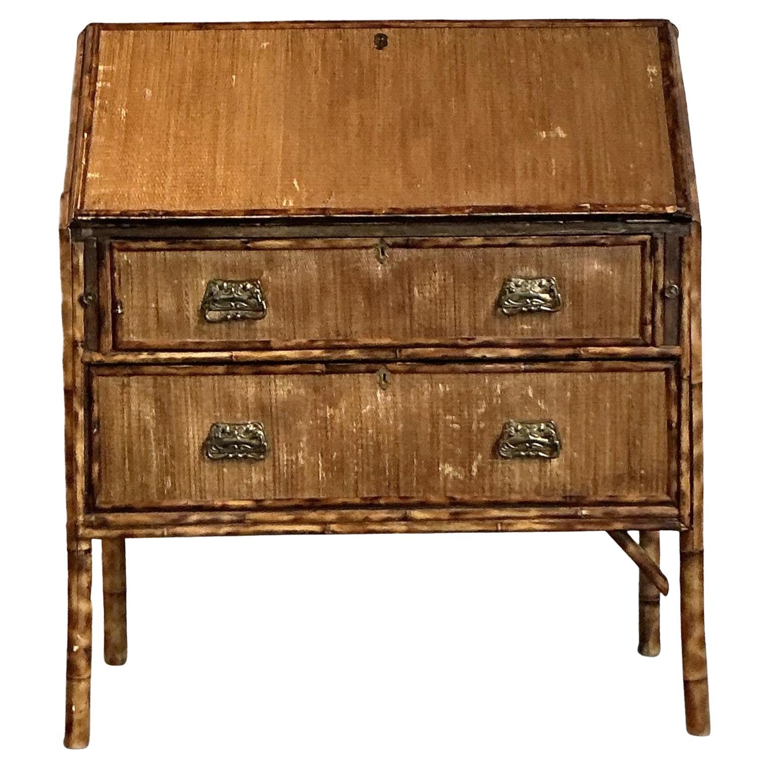Vintage Boho Tortoise Bamboo Flip Down Secretary Desk For Sale