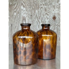 Vintage Boho Tortoise Glass Apothecary Jars - a Pair