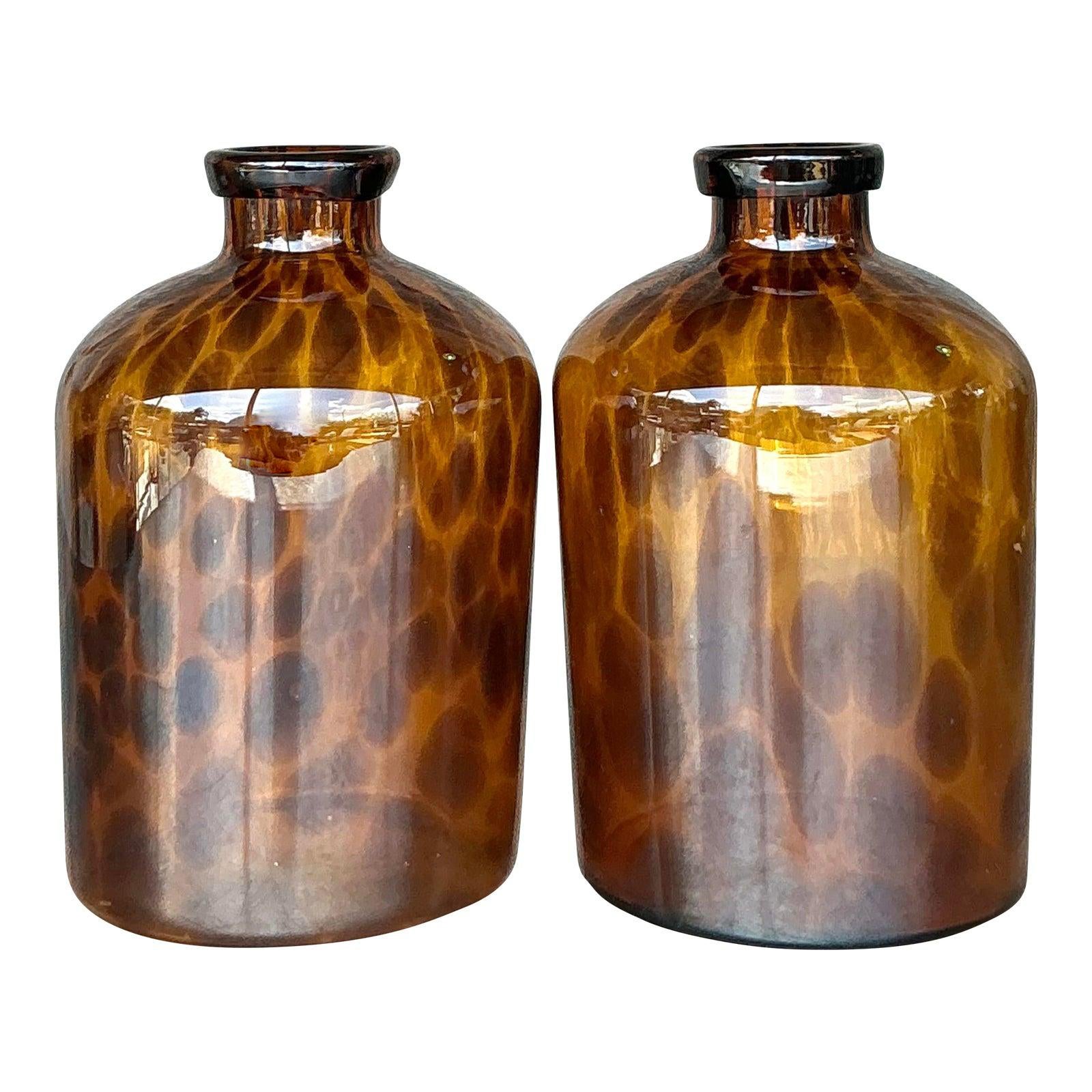 Vintage Boho Tortoise Glass Apothecary Jars - a Pair