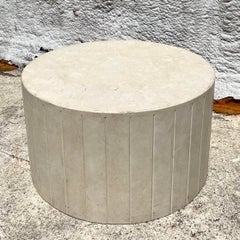 Vintage Boho Travertine Drum Coffee Table