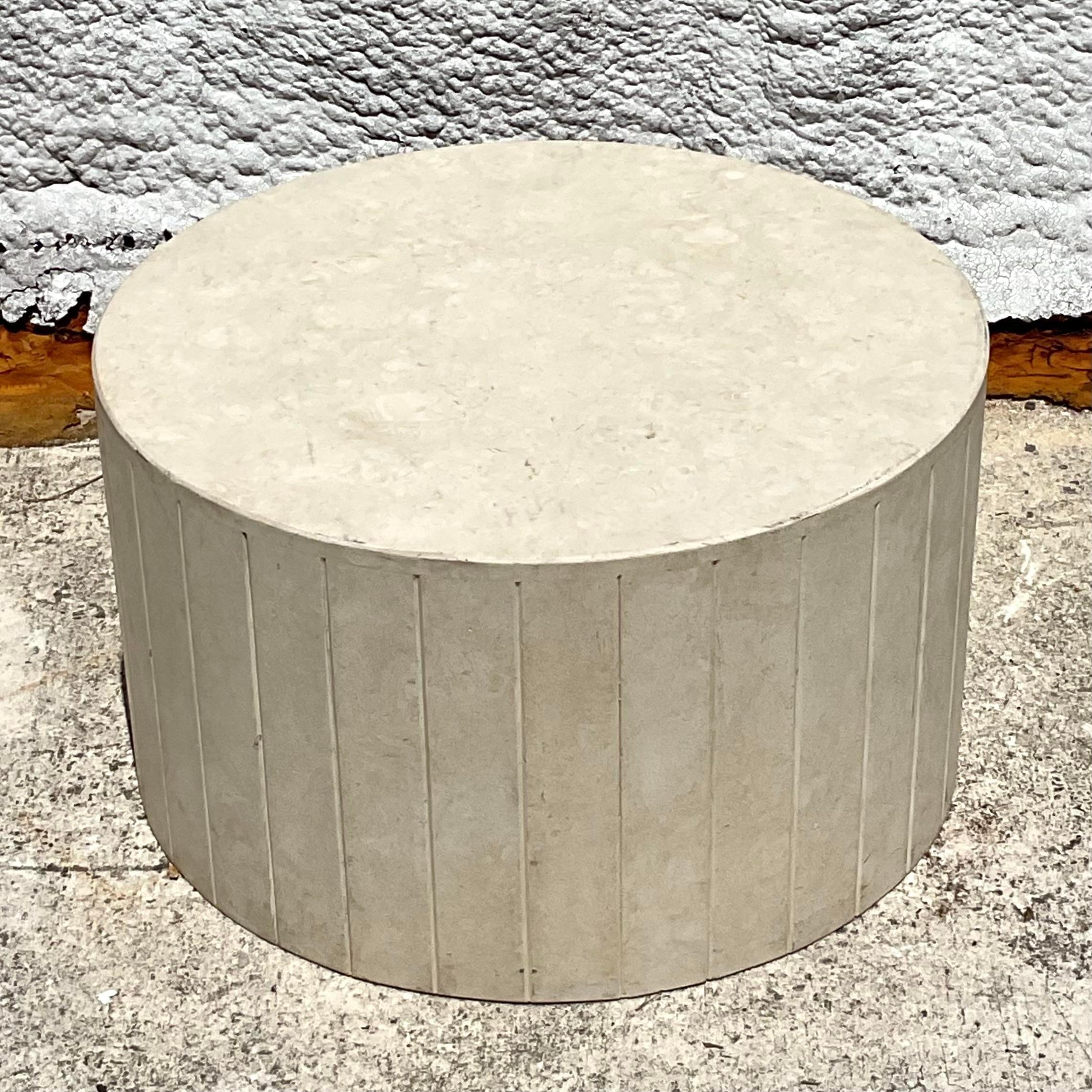 Italian Vintage Boho Travertine Drum Coffee Table For Sale