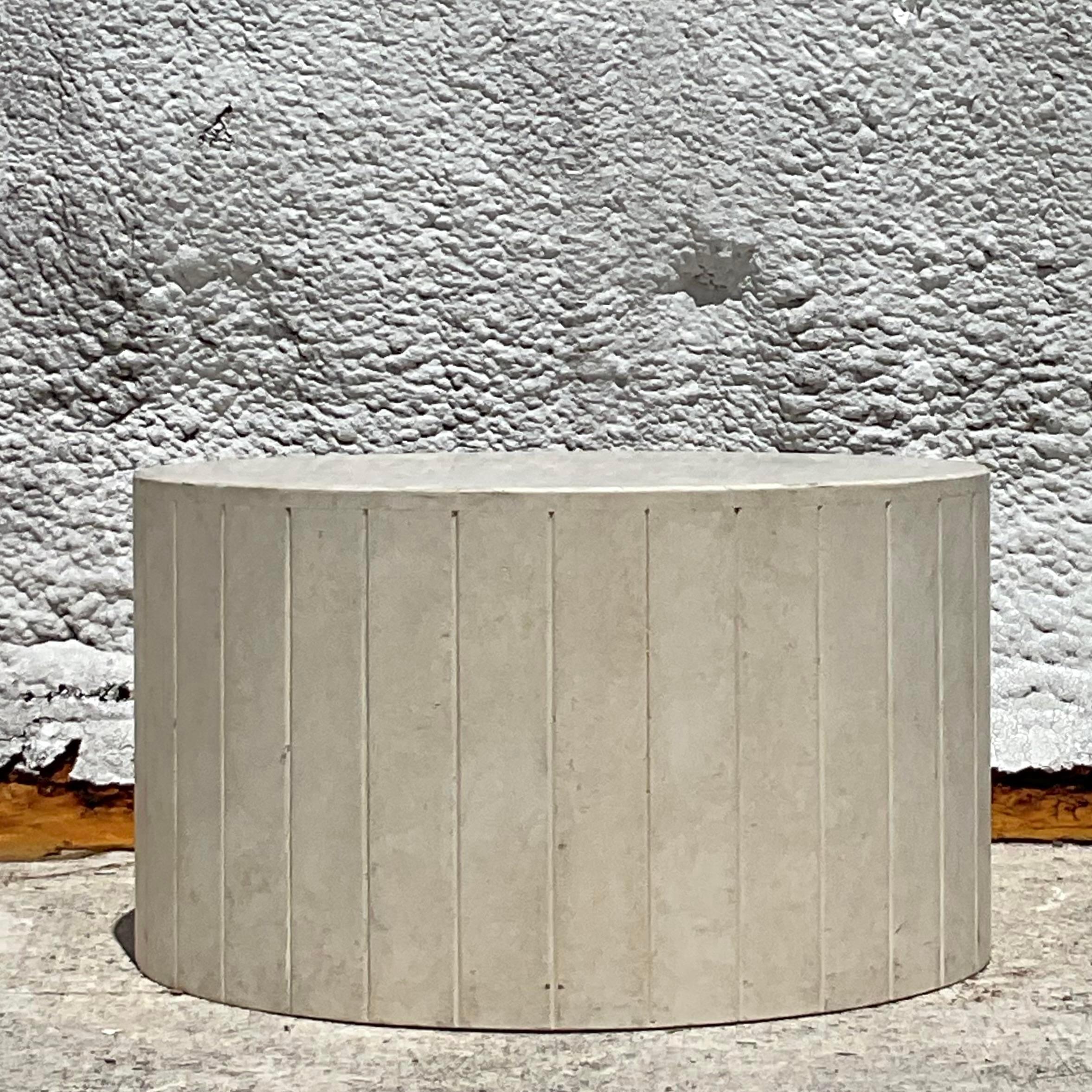 Vintage Boho Travertine Drum Coffee Table In Good Condition For Sale In West Palm Beach, FL