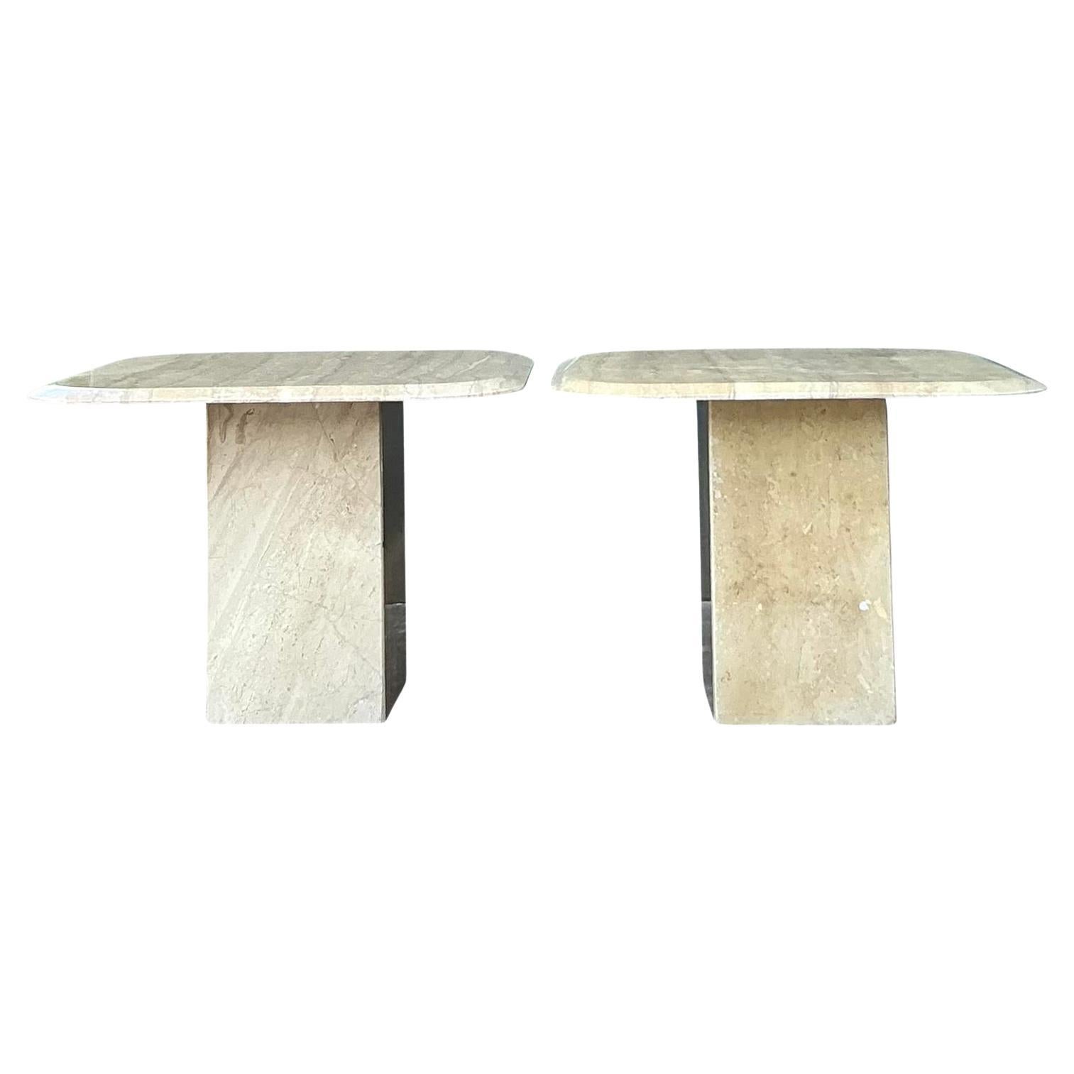 Vintage Boho Travertine Side Tables - A Pair