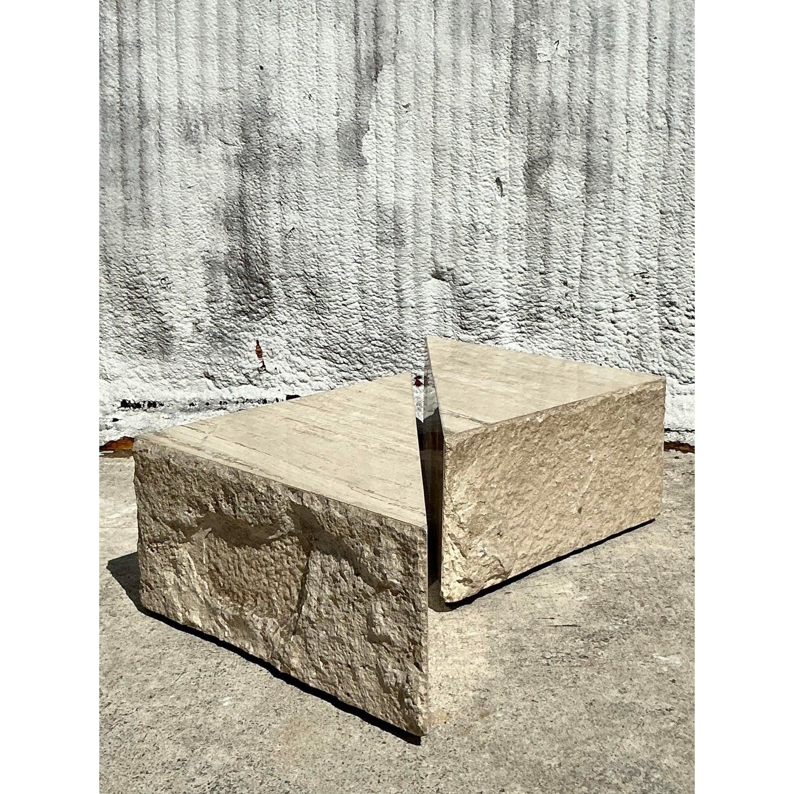italien Vintage Boho Travertine Triangles Coffee Table - Set of 2 en vente