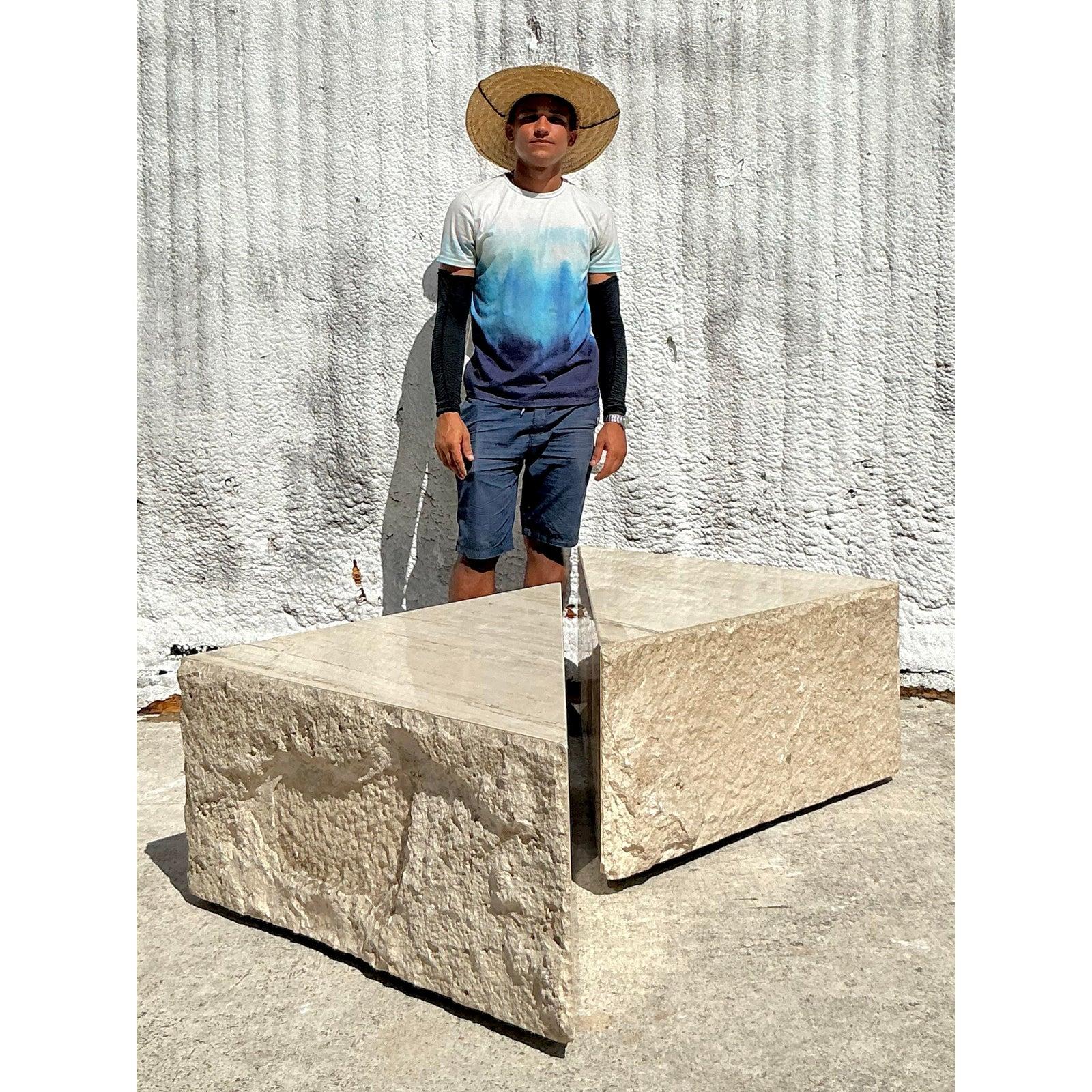 Vintage Boho Travertine Triangles Coffee Table - Set of 2 Bon état - En vente à west palm beach, FL