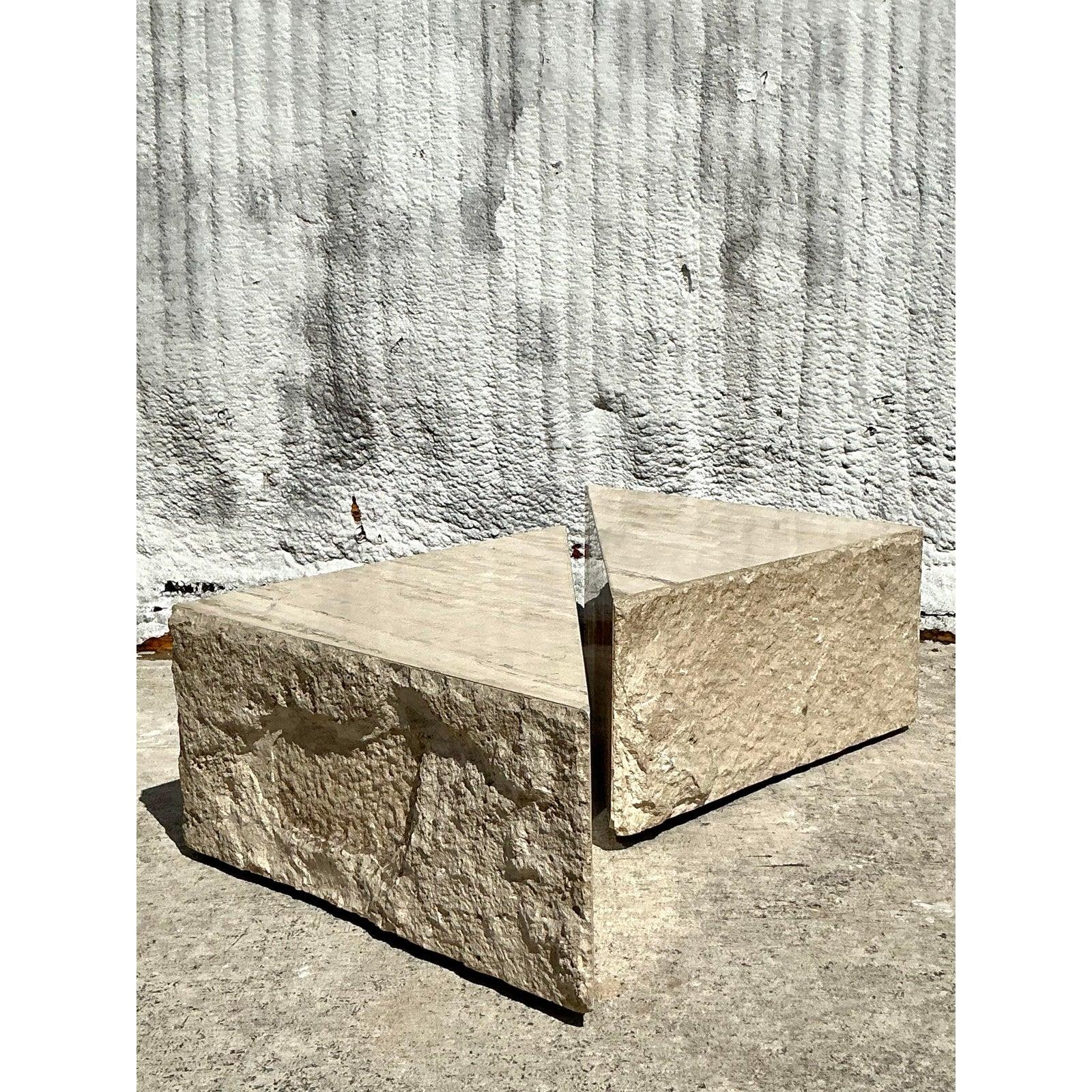 20ième siècle Vintage Boho Travertine Triangles Coffee Table - Set of 2 en vente