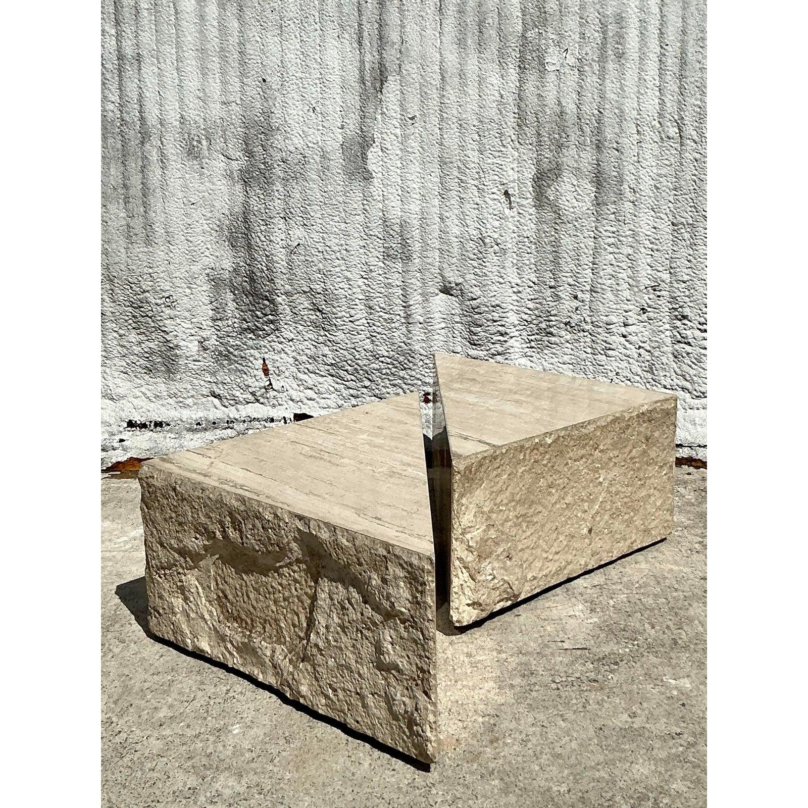 Vintage Boho Travertine Triangles Coffee Table - Set of 2 en vente 1